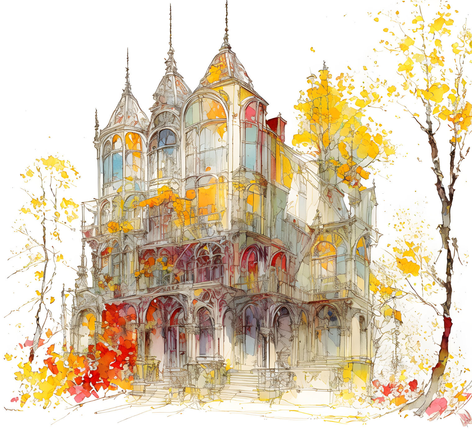 Victorian-style house illustration with autumn tree backdrop