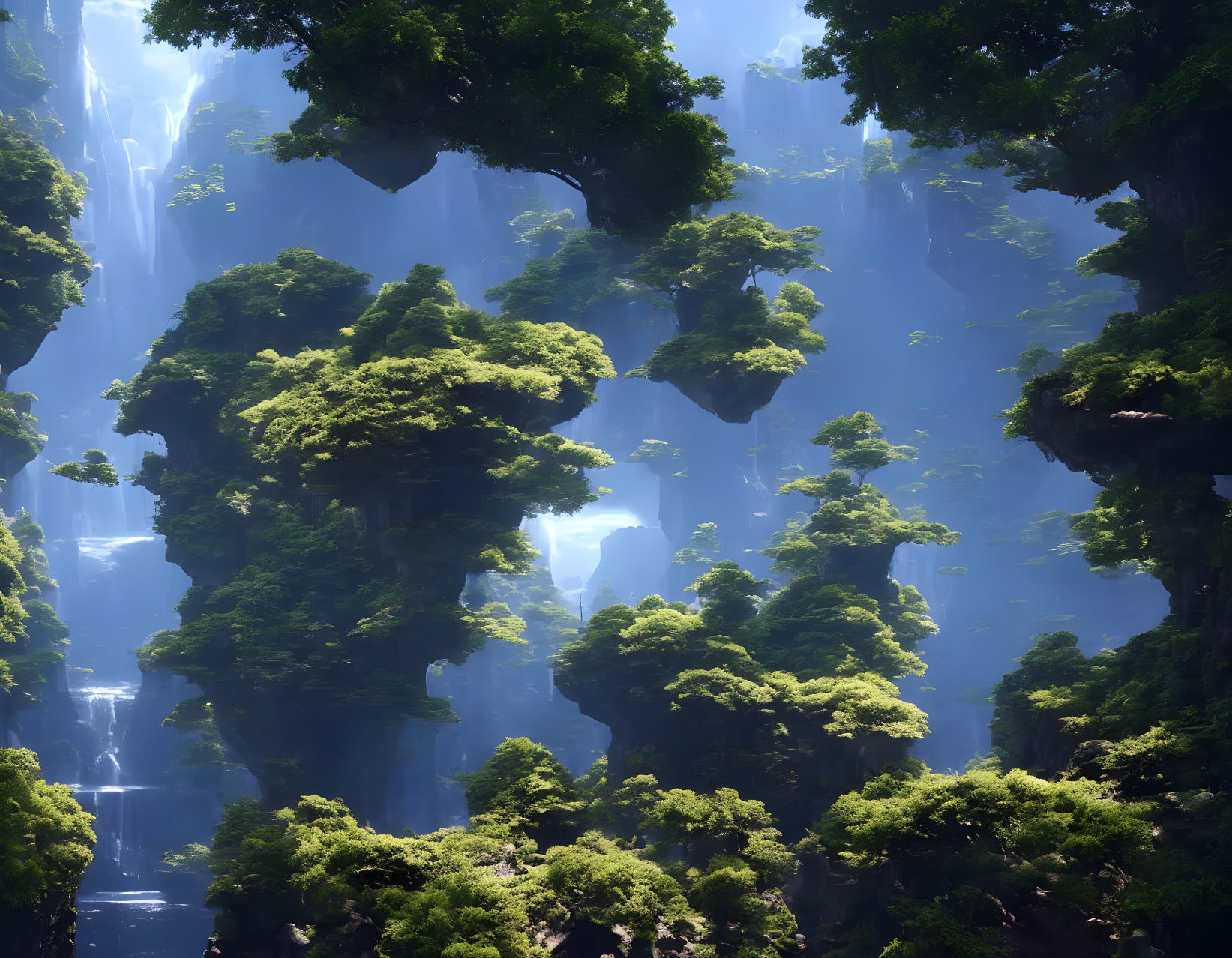 Misty forest scenery with floating islands and waterfalls