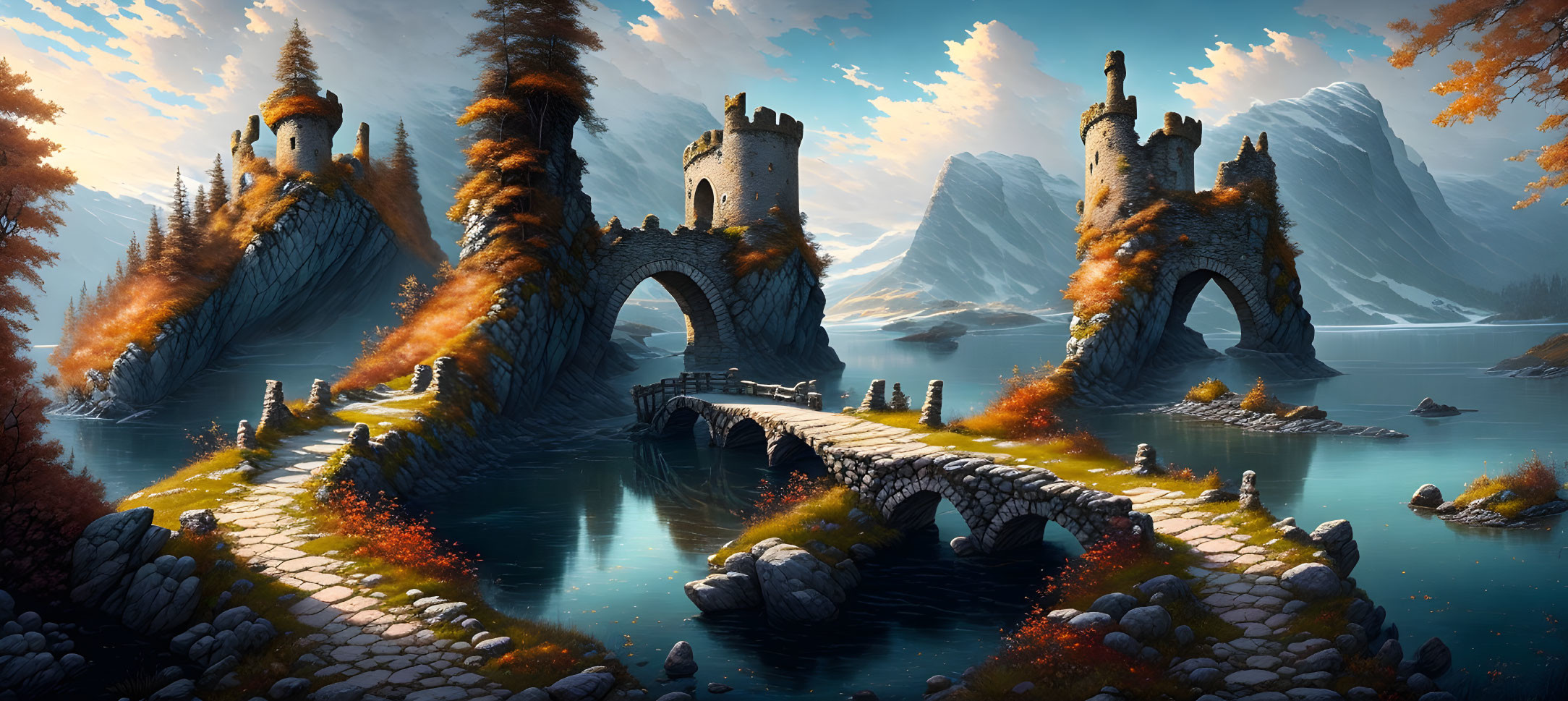 Medieval towers on rocky cliffs with stone bridge and serene lake