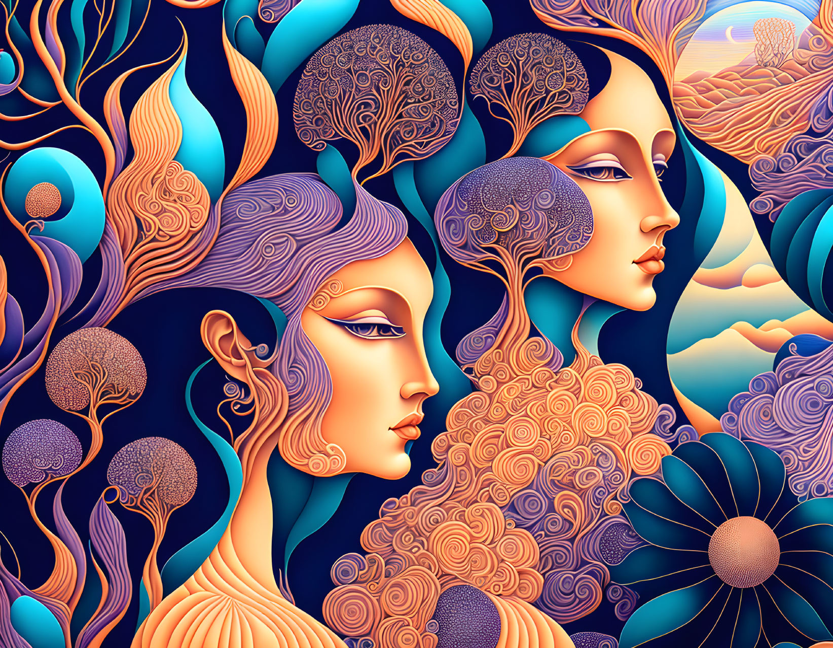 Colorful Illustration: Two Female Profiles with Nature Elements