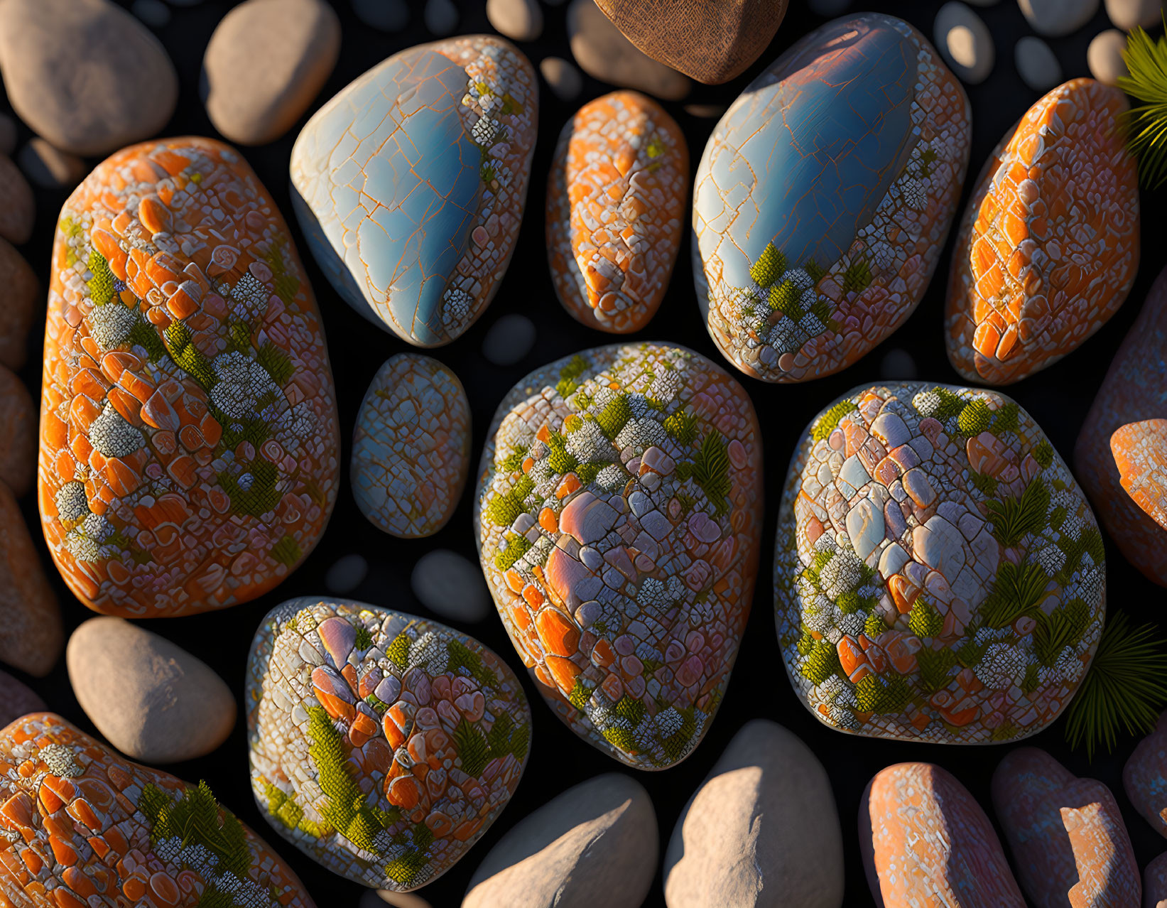 Colorful Smooth Stones: Orange, Green, Grey Patterns on Pebbly Background