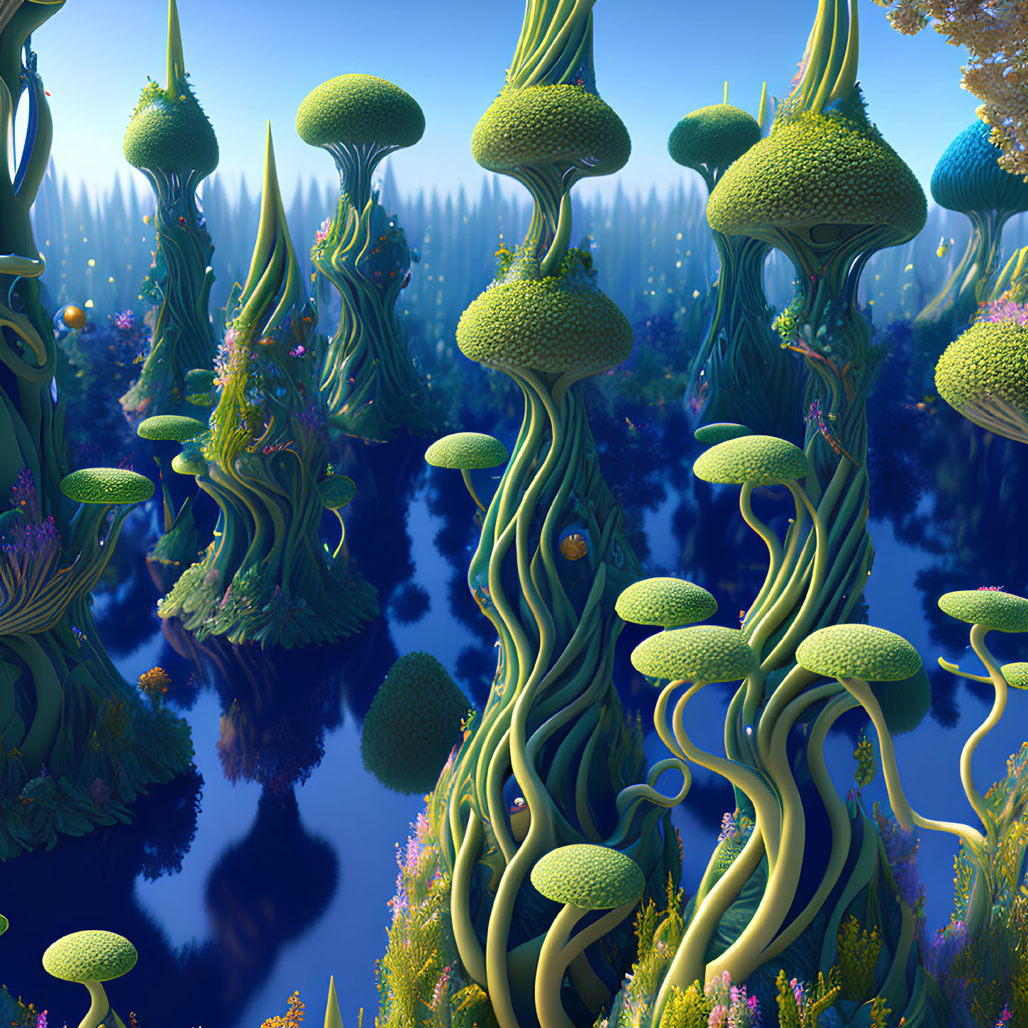 Surreal landscape with oversized mushroom-like plants in tranquil waters