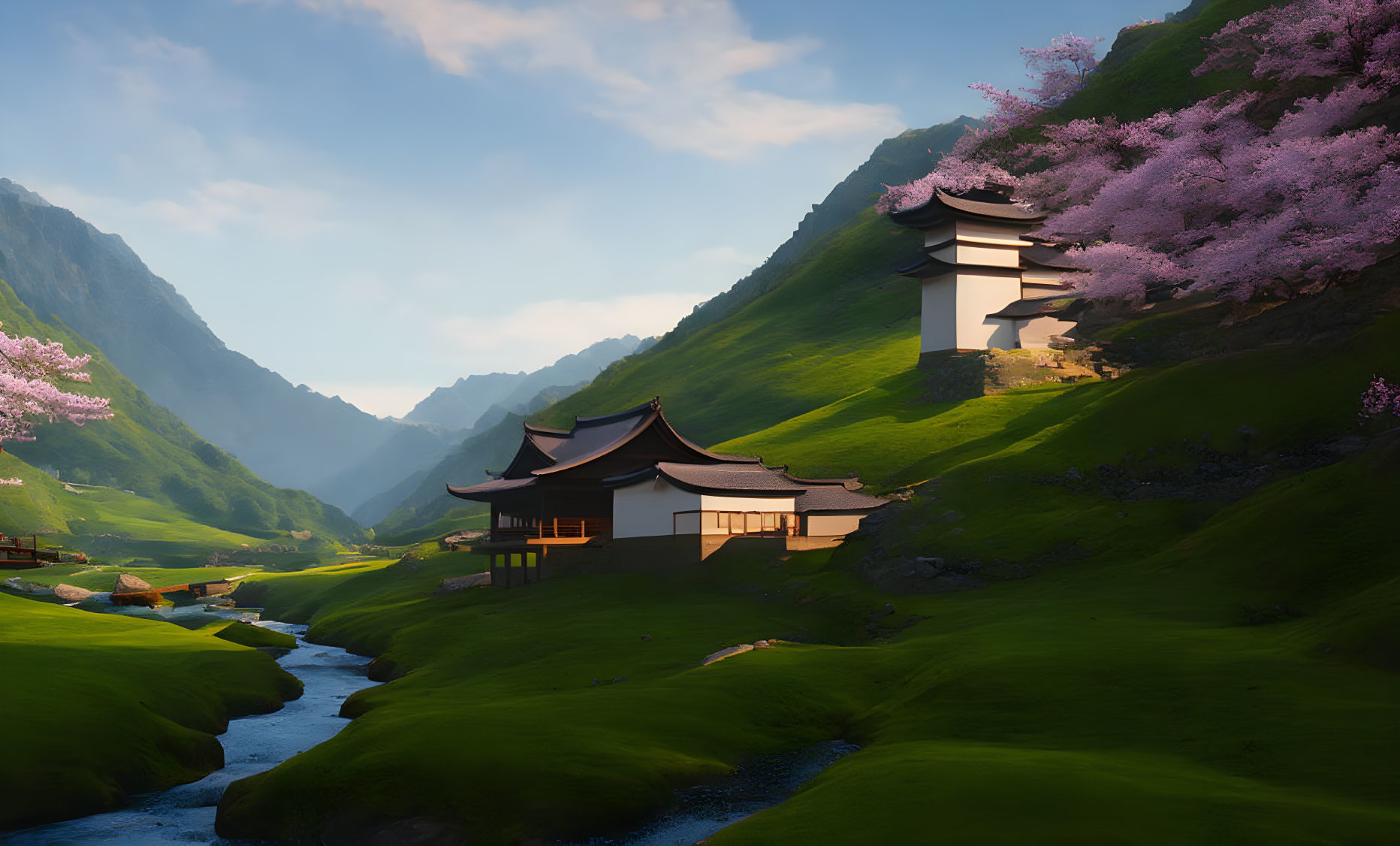 Traditional Japanese architecture in serene landscape with cherry blossoms and stream