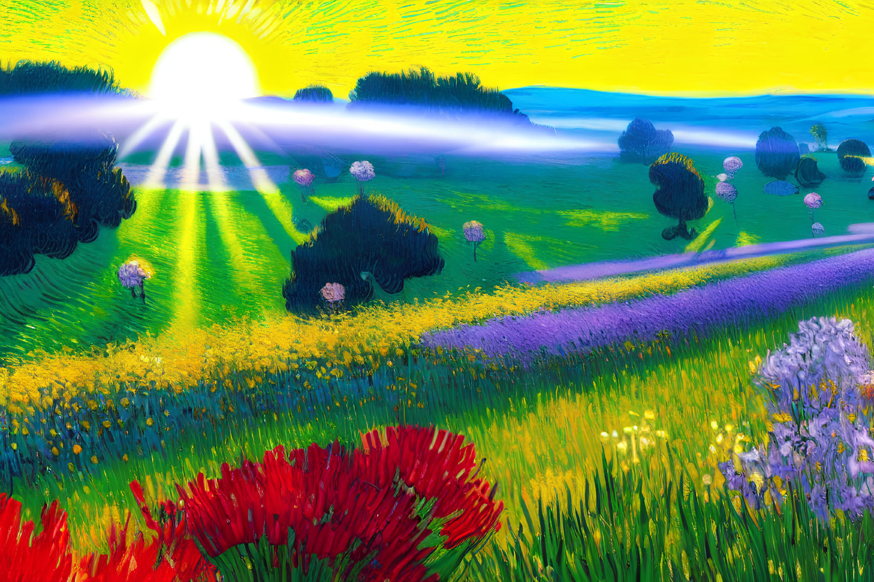 Colorful Impressionistic Painting of Meadow at Sunrise