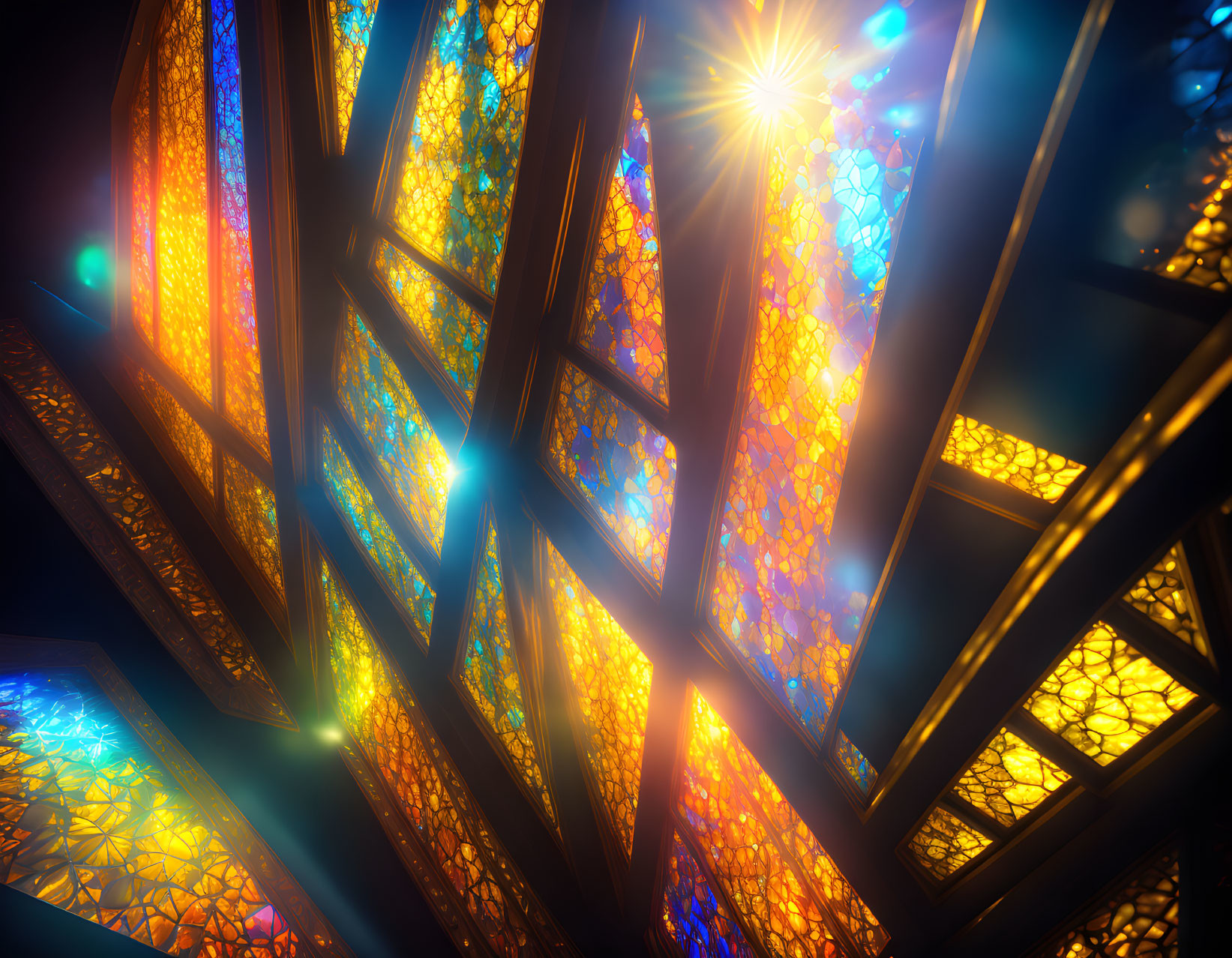 Futuristic digital art: Vibrant stained glass structure & beams