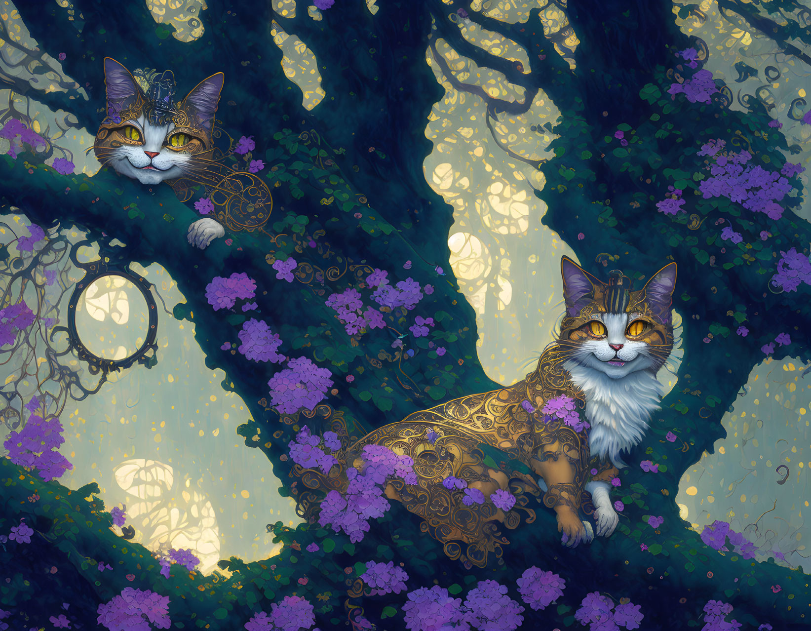 Ornate cats in mystical forest with twisting trees and purple flowers