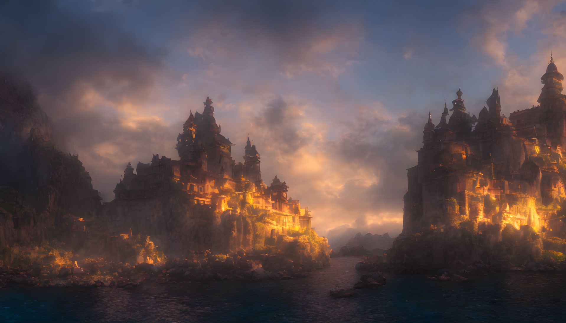 Majestic fantasy city on rocky cliffs under dramatic sunset sky