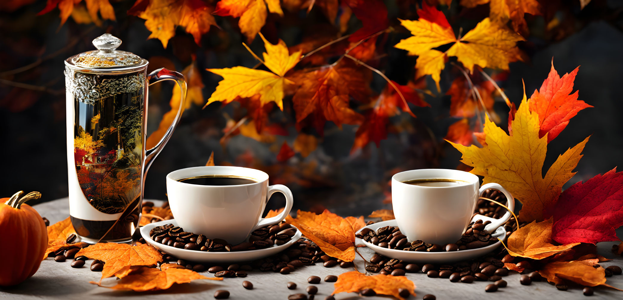 Autumn-themed coffee scene with cups, beans, leaves, pumpkin, and French press