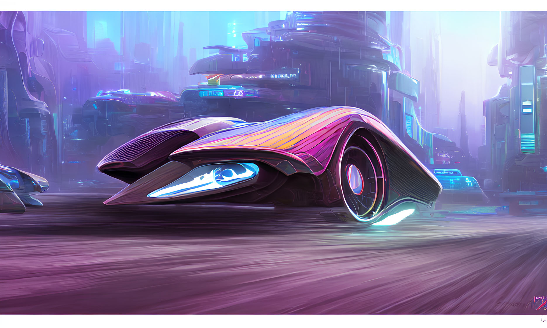 Futuristic neon-lit cityscape with advanced cars.