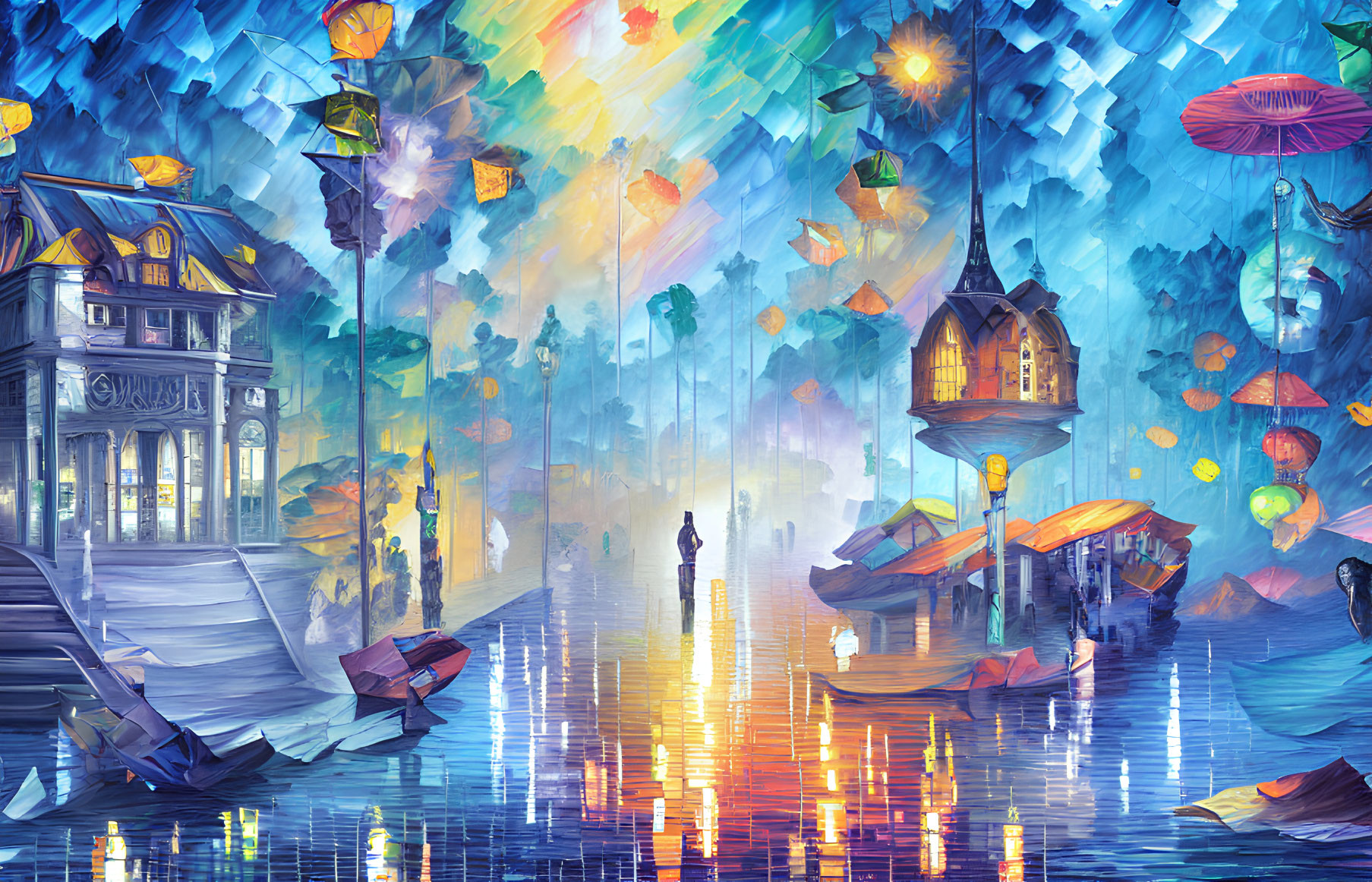 Colorful cityscape with floating lanterns, boat on water, and solitary figure under vibrant sky