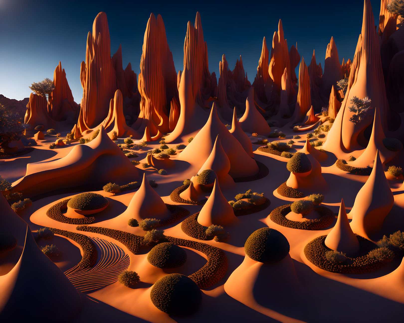 Surreal desert landscape at sunset with sand patterns, spires, and vegetation