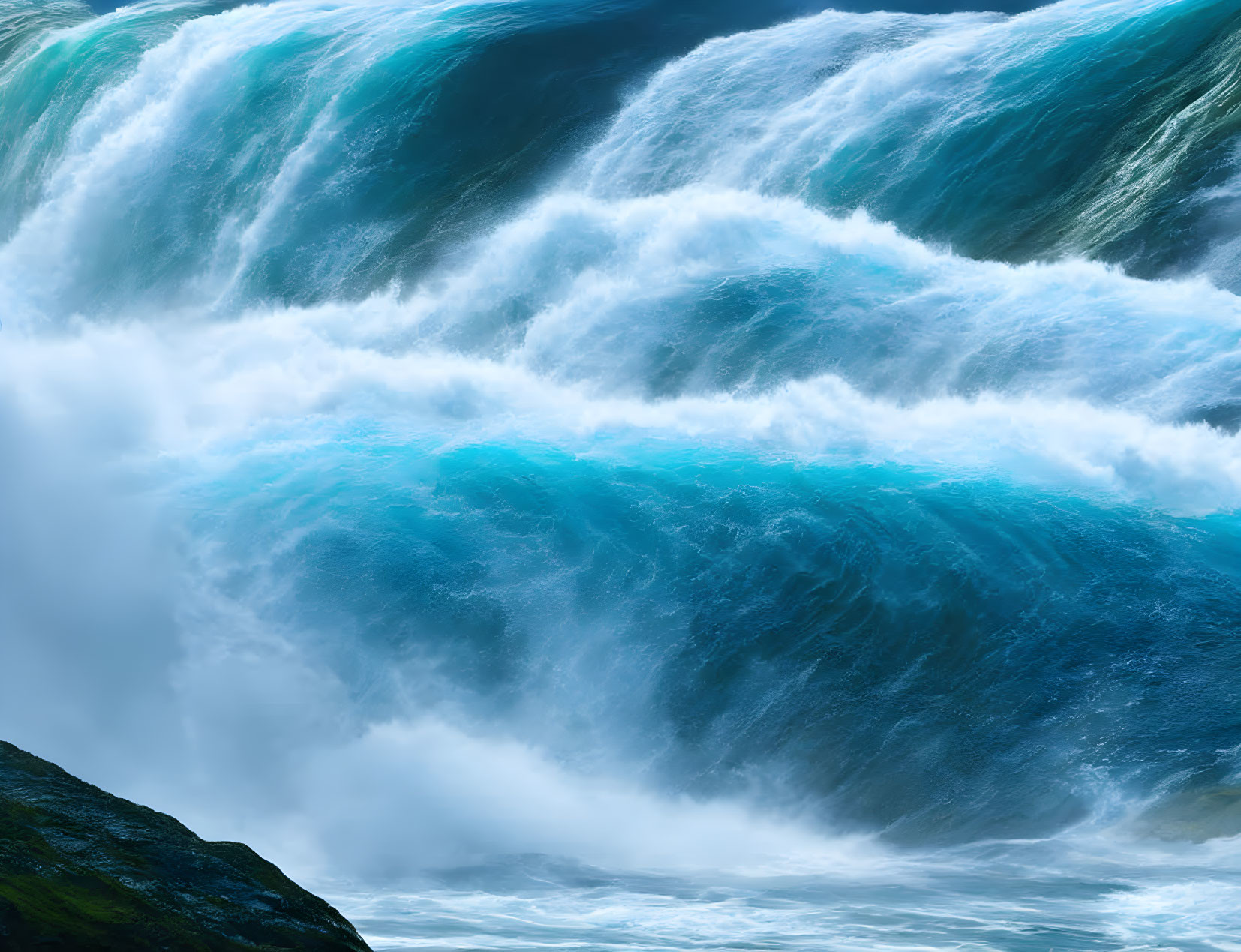 Majestic wave cresting against rocky coastline