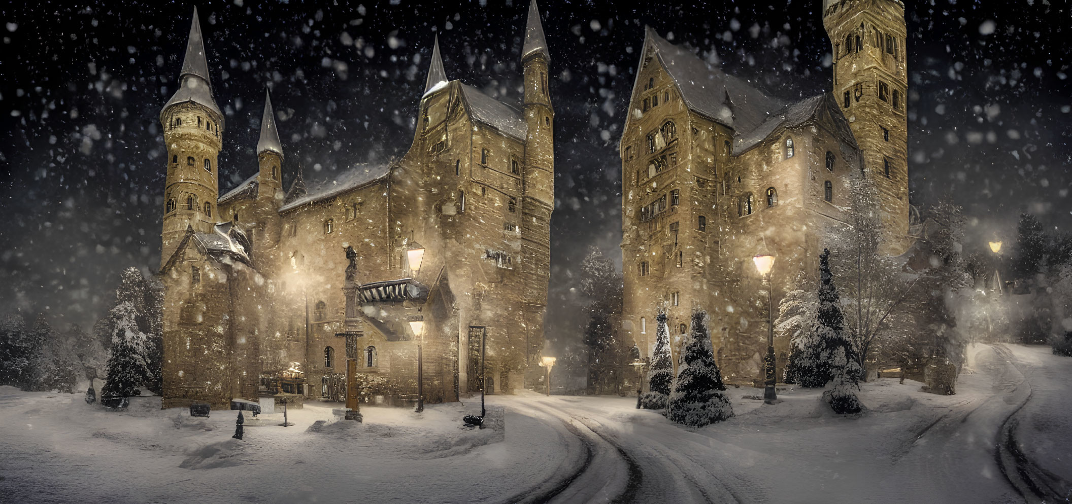 Panoramic Night View: Illuminated Castle in Snowy Forest