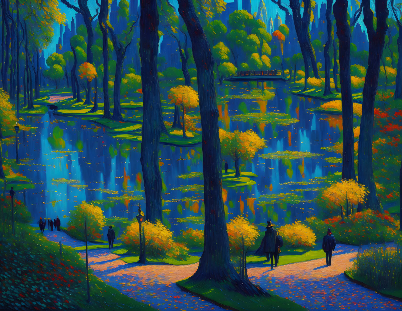 Colorful autumn park painting with people walking, reflecting trees, and yellow foliage on water.