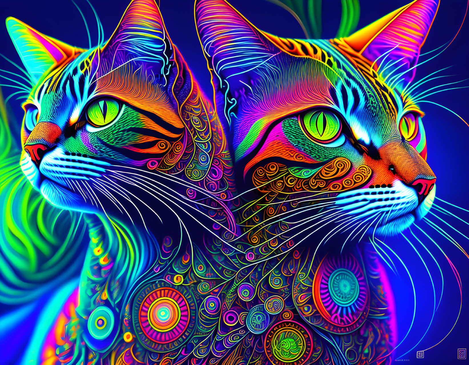 Colorful Stylized Cats Artwork with Neon Patterns on Dark Blue Background