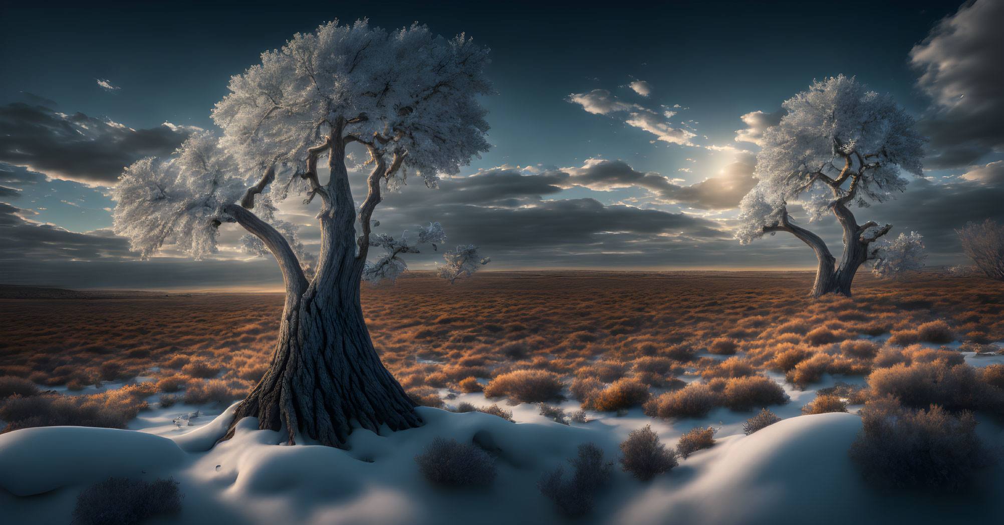 Snowy Dusk Landscape with Frosted Trees in Soft Glow