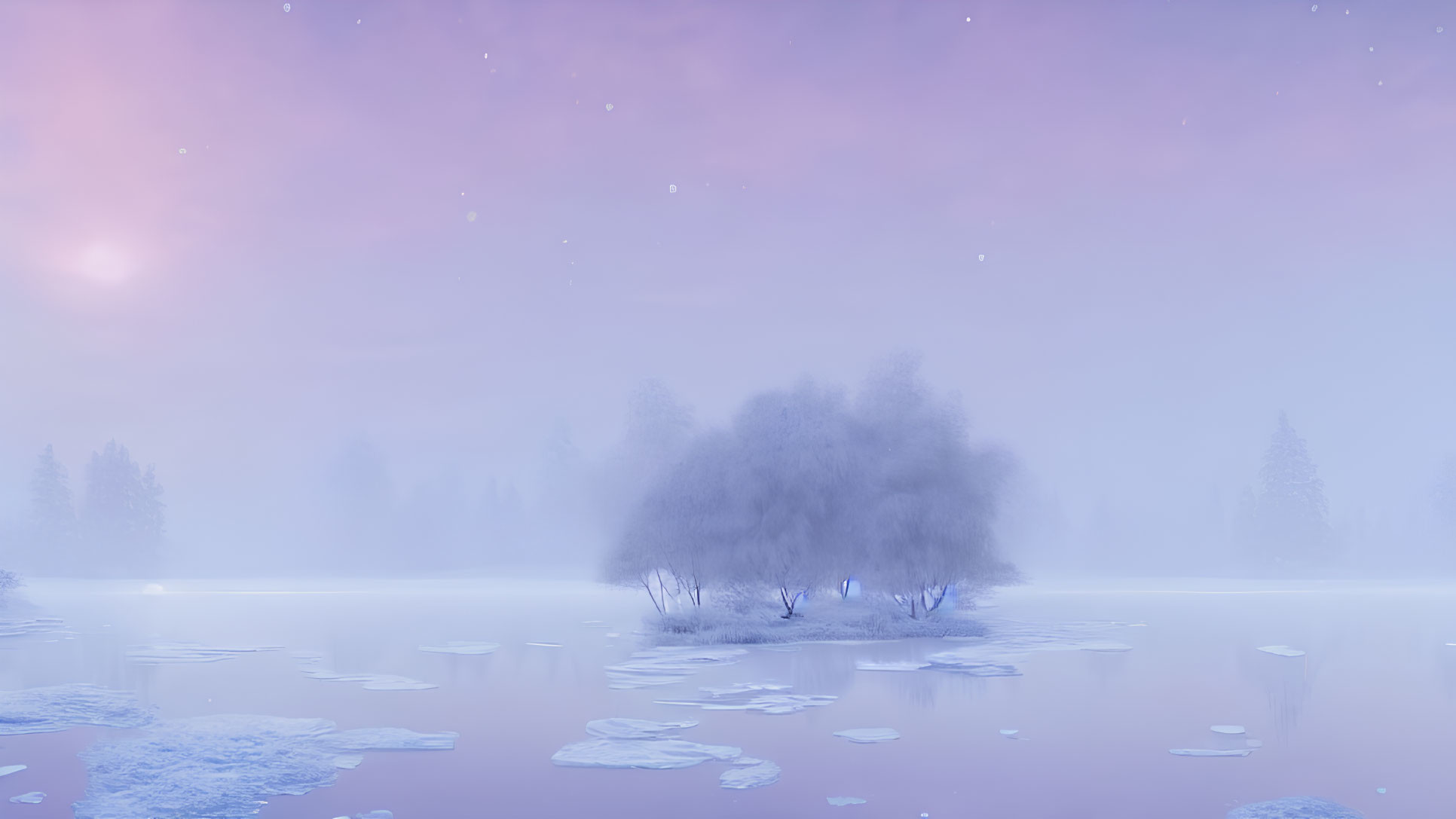 Winter Dusk Scene: Frozen Pond, Frosty Trees, Falling Snow
