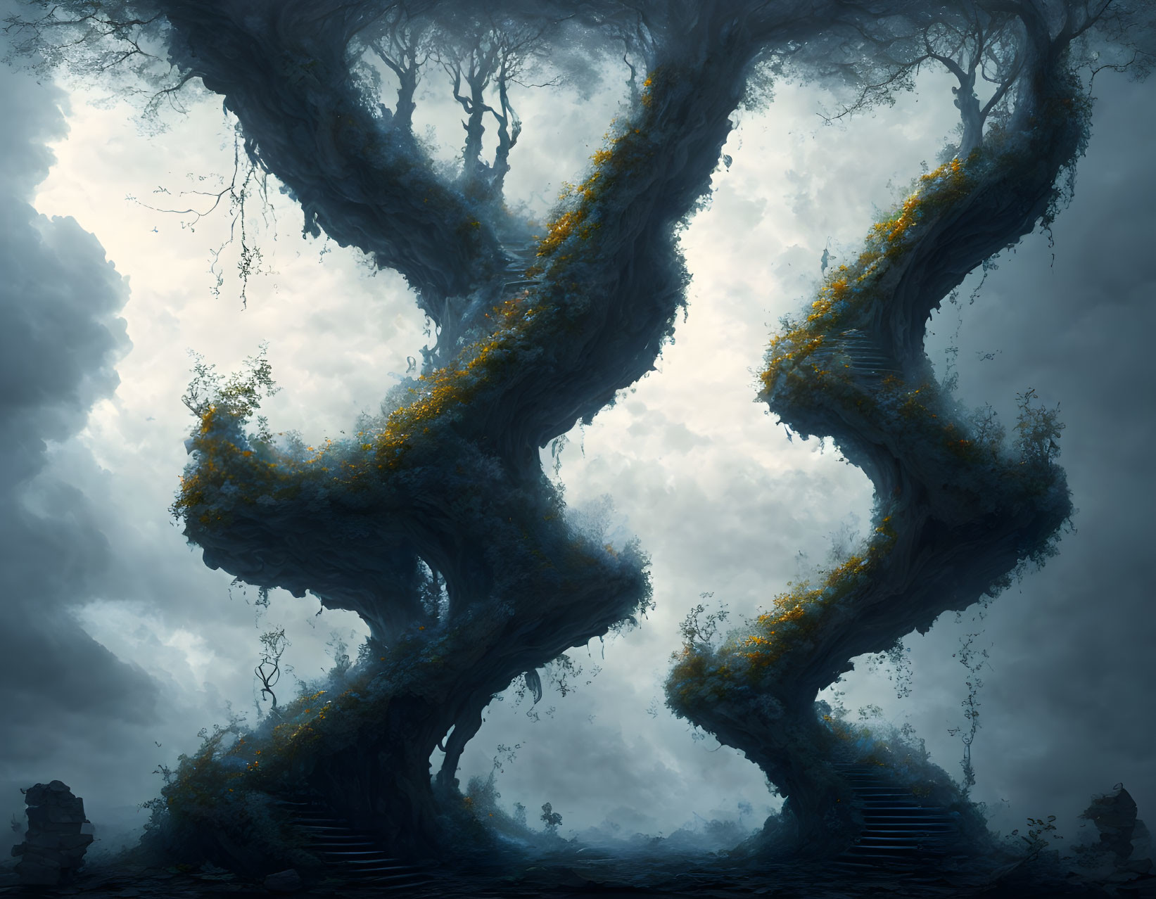 Enchanting foggy forest with twisted trees and hanging moss