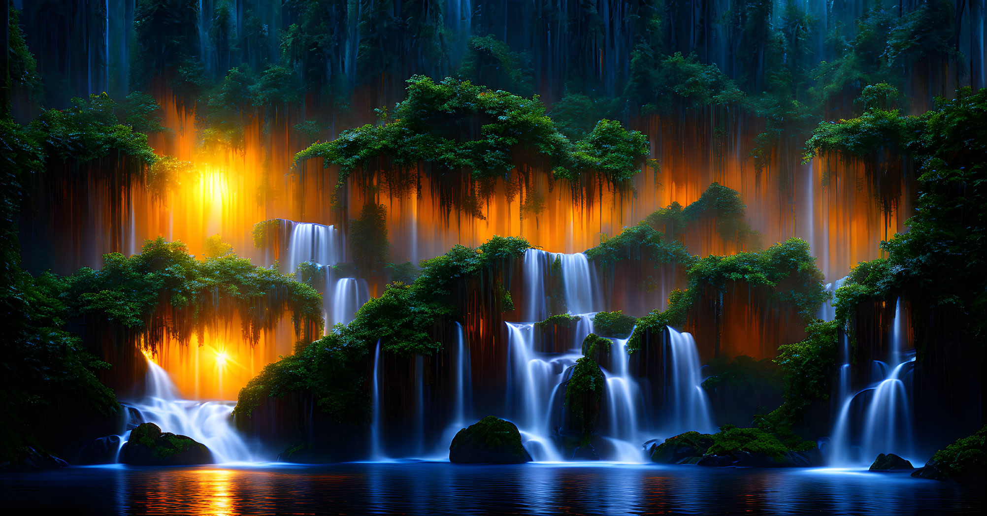 Majestic waterfalls and tranquil blue pool in lush forest landscape