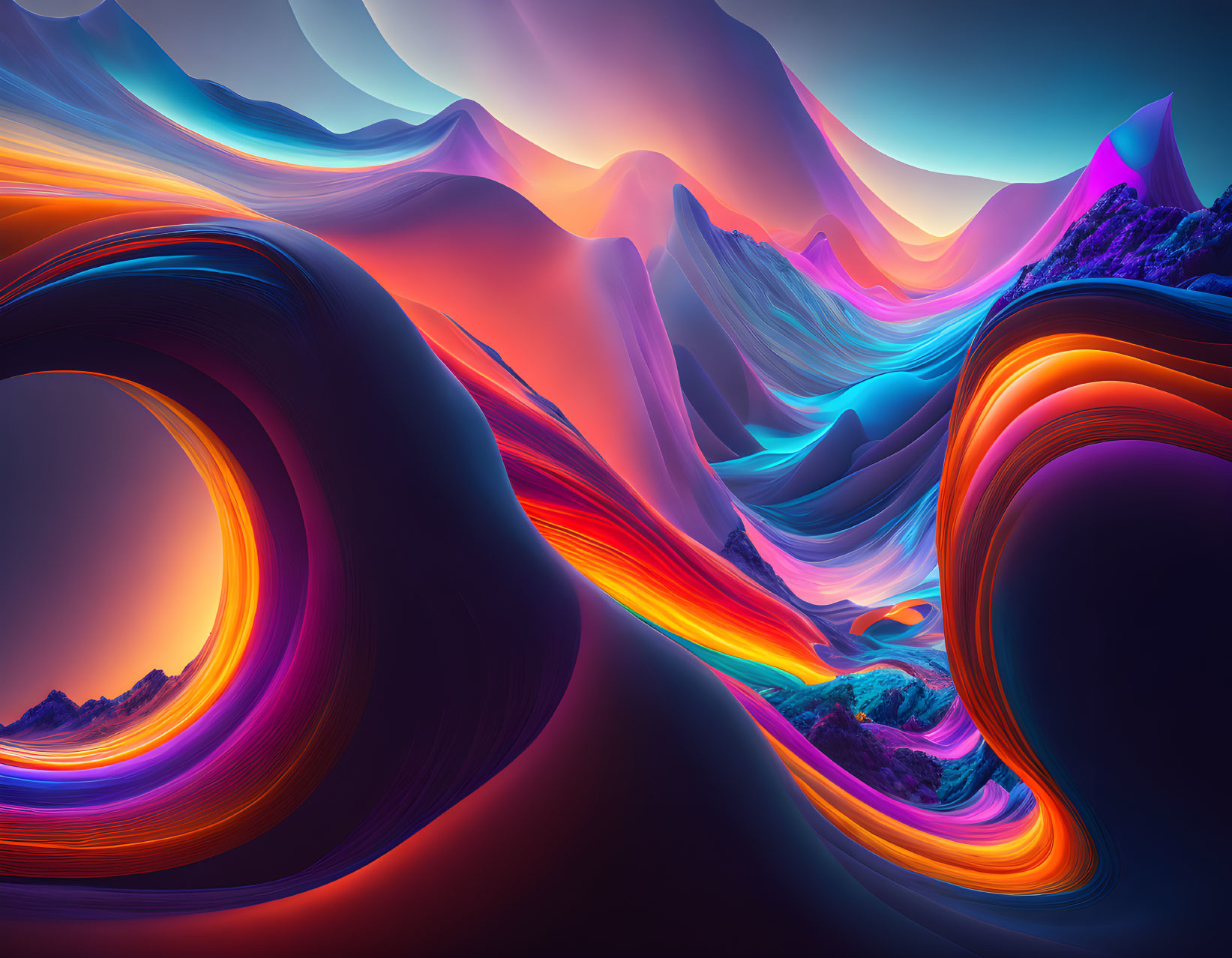 Colorful digital landscape with flowing shapes in blue, orange, and purple hues