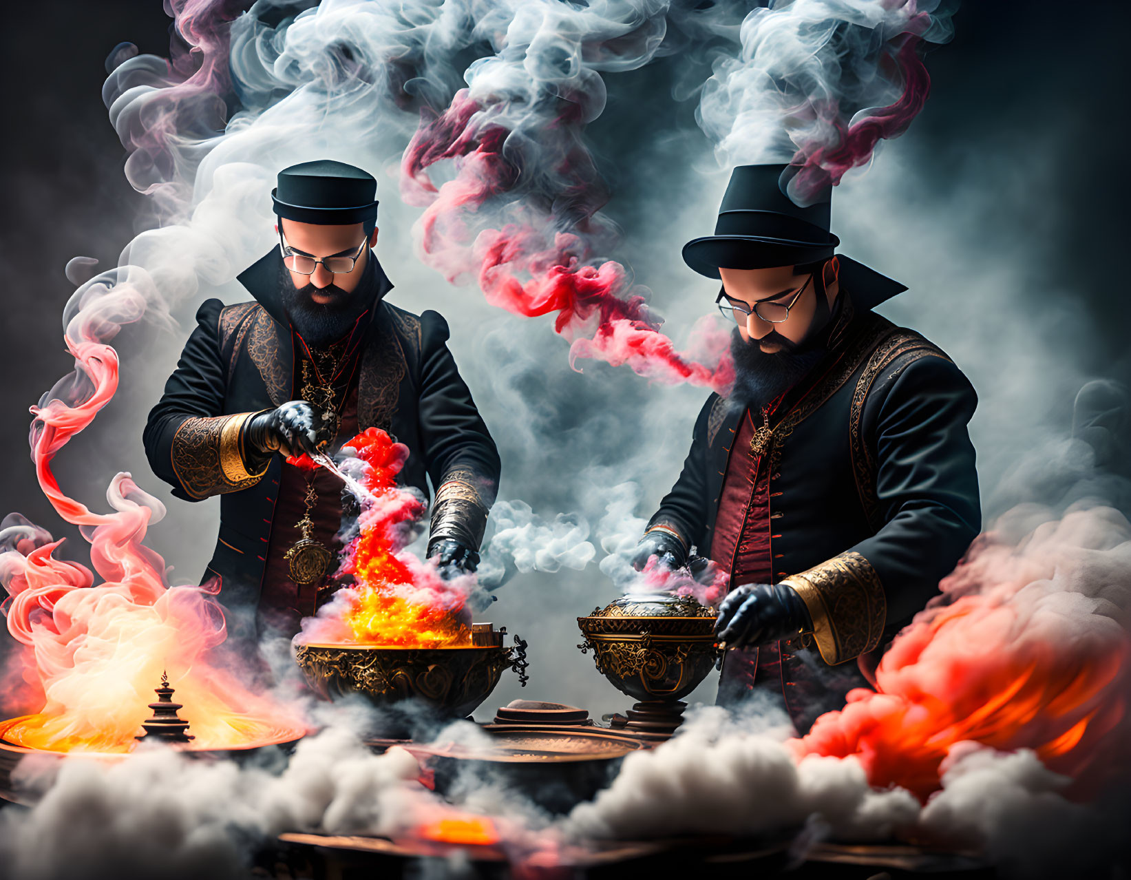 Identical men in Victorian attire perform mystical ritual with fiery cauldrons