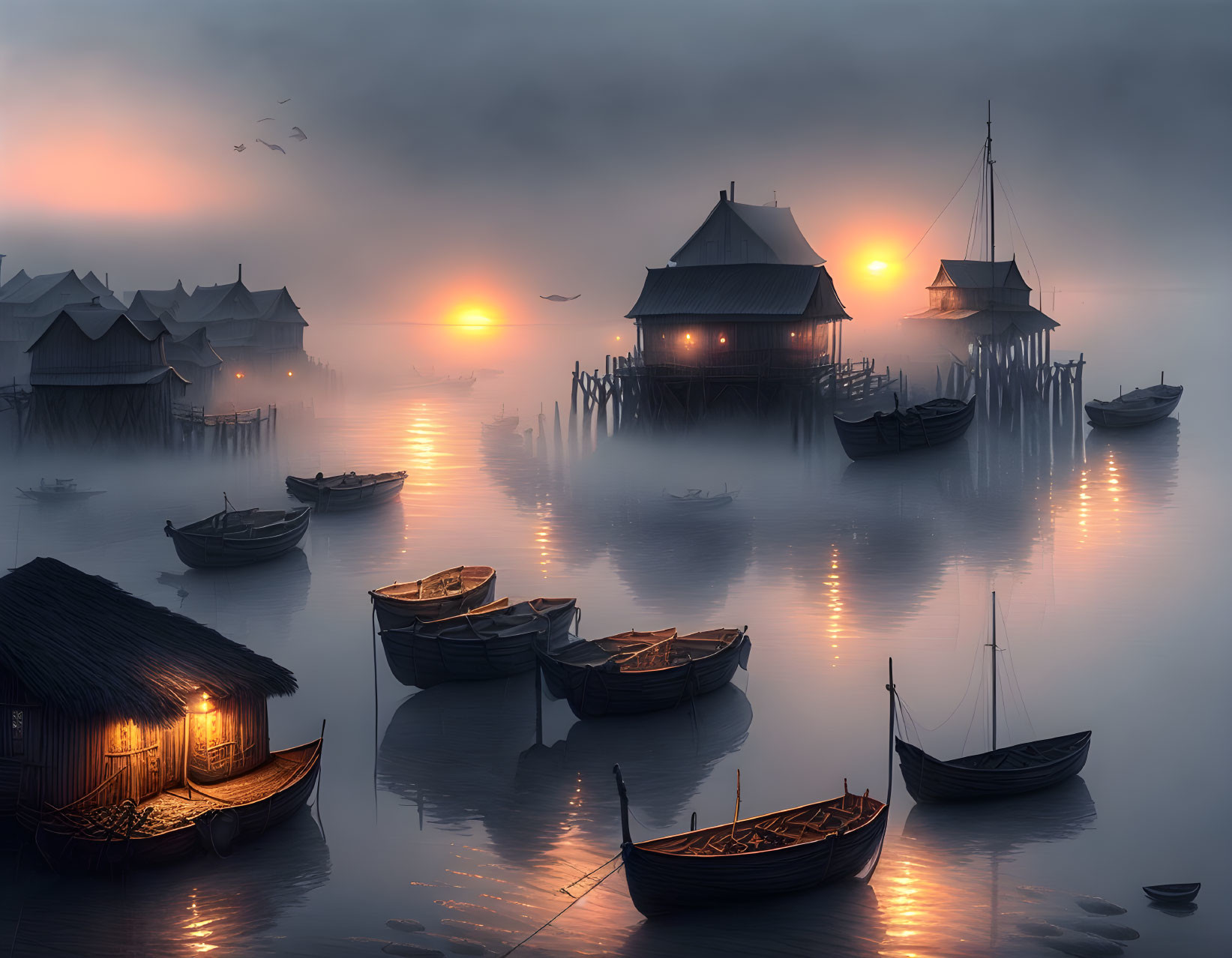 Lakeside scene at dusk with illuminated buildings and boats