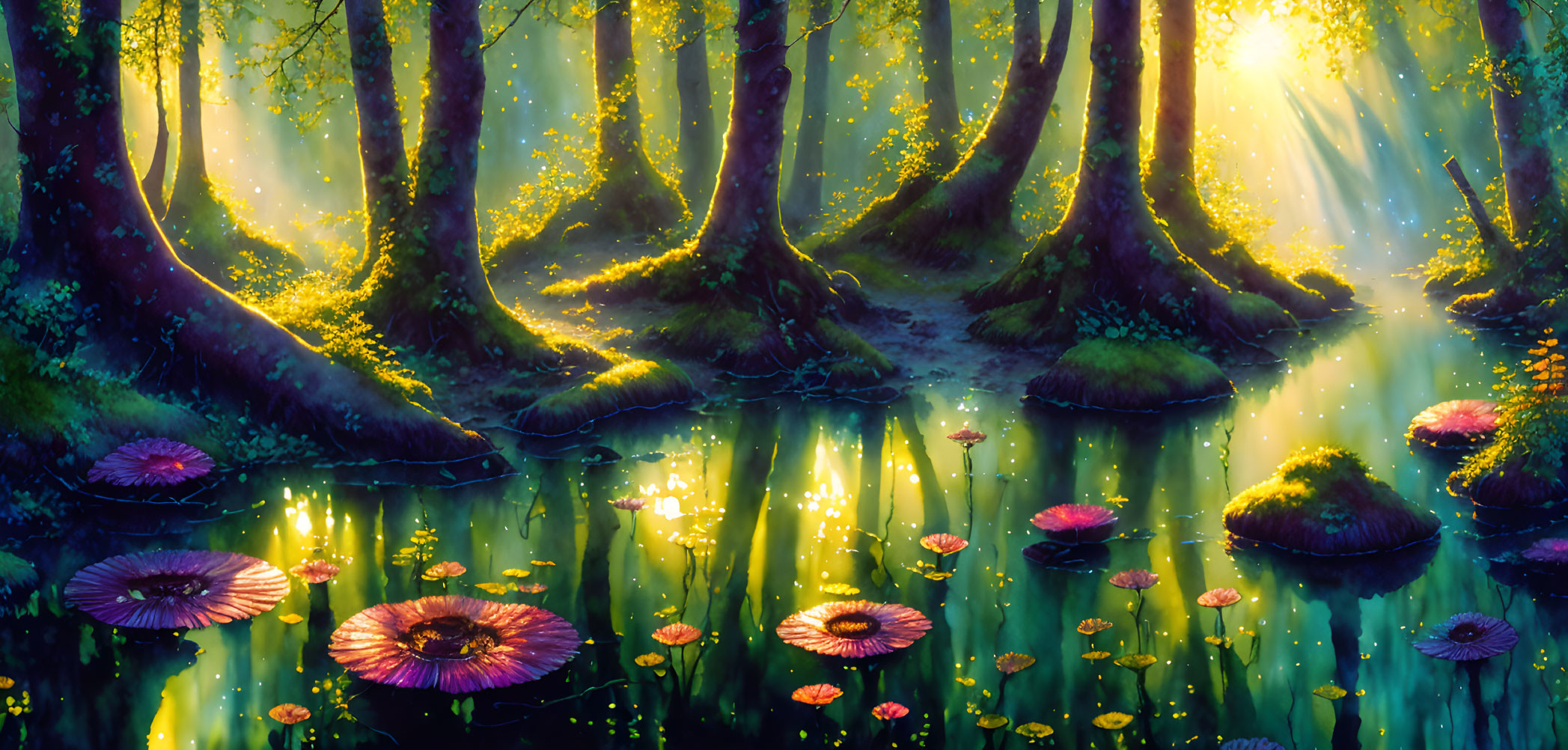 Sunlit enchanted forest with mossy trunks, serene pond, and radiant flowers