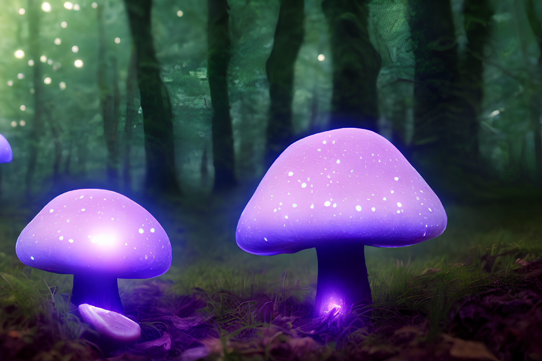 Enchanting forest scene with glowing purple mushrooms and ethereal lights