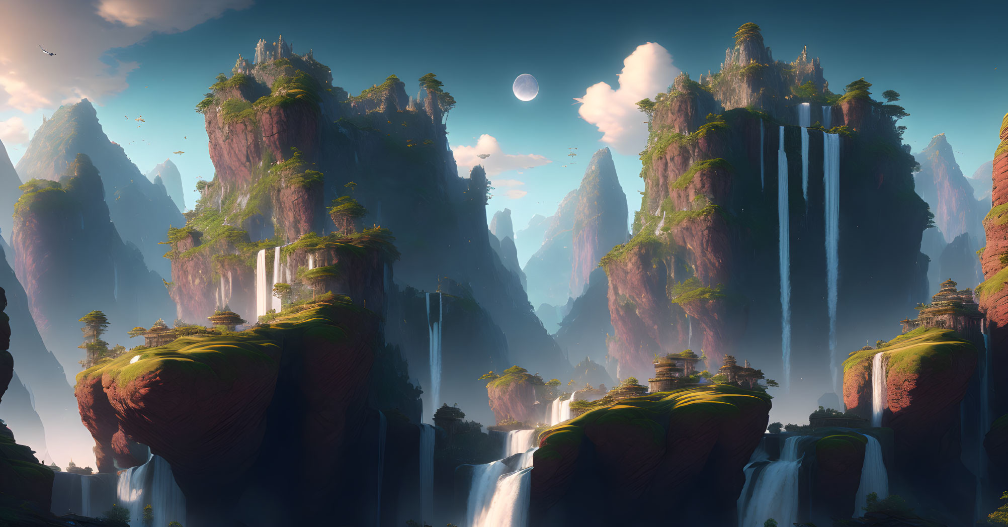 Majestic misty rock formations with waterfalls and lush greenery