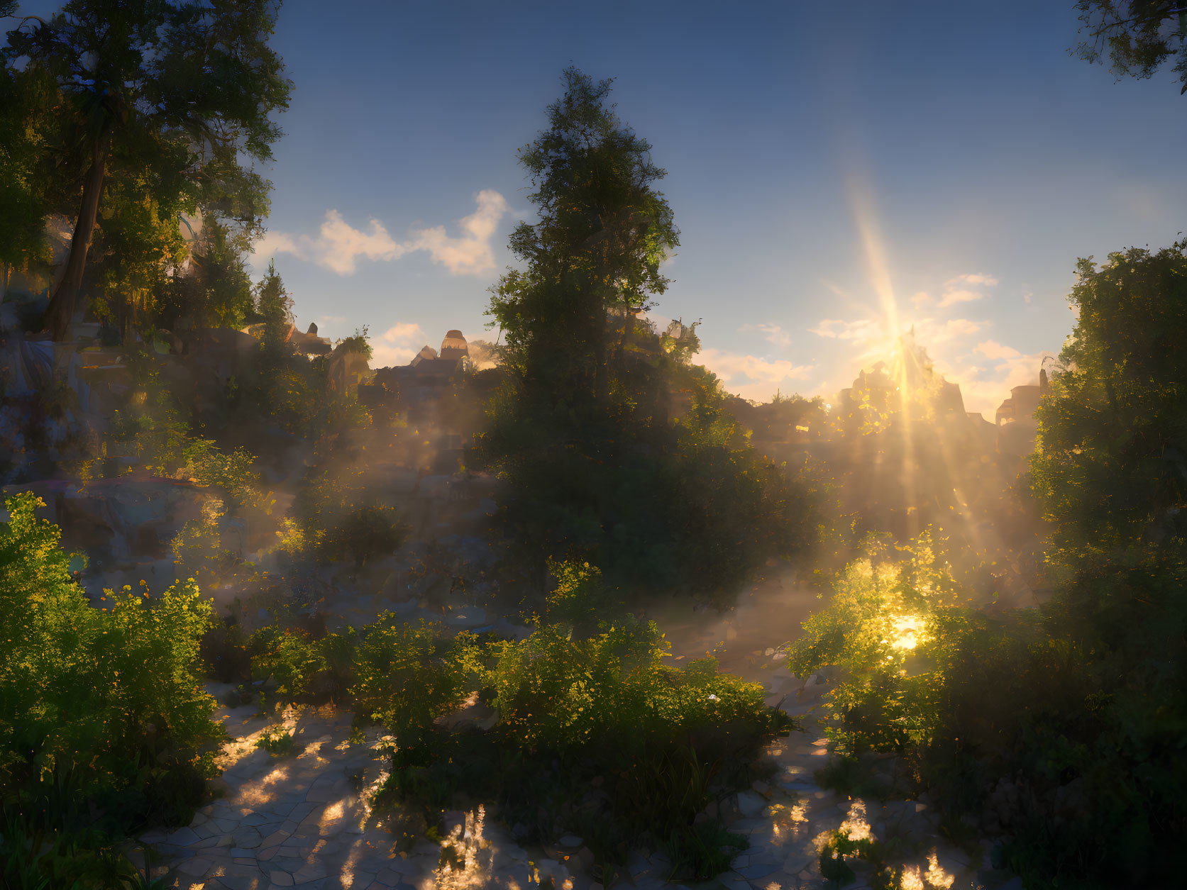 Sunrise scene: Misty forest with sunlit stone pathway