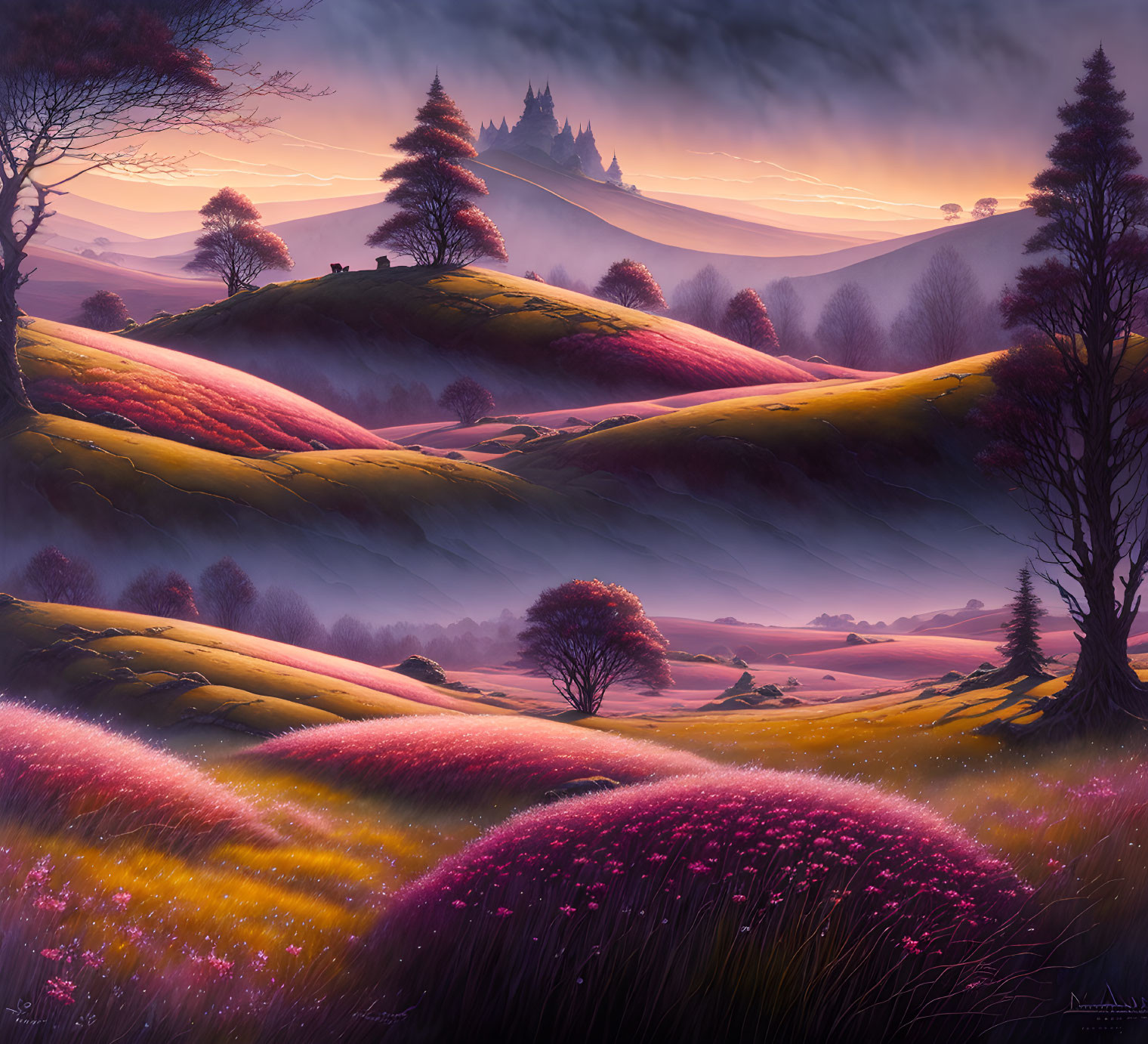 Fantasy landscape with pink and violet flowering fields, castle, hills, and trees