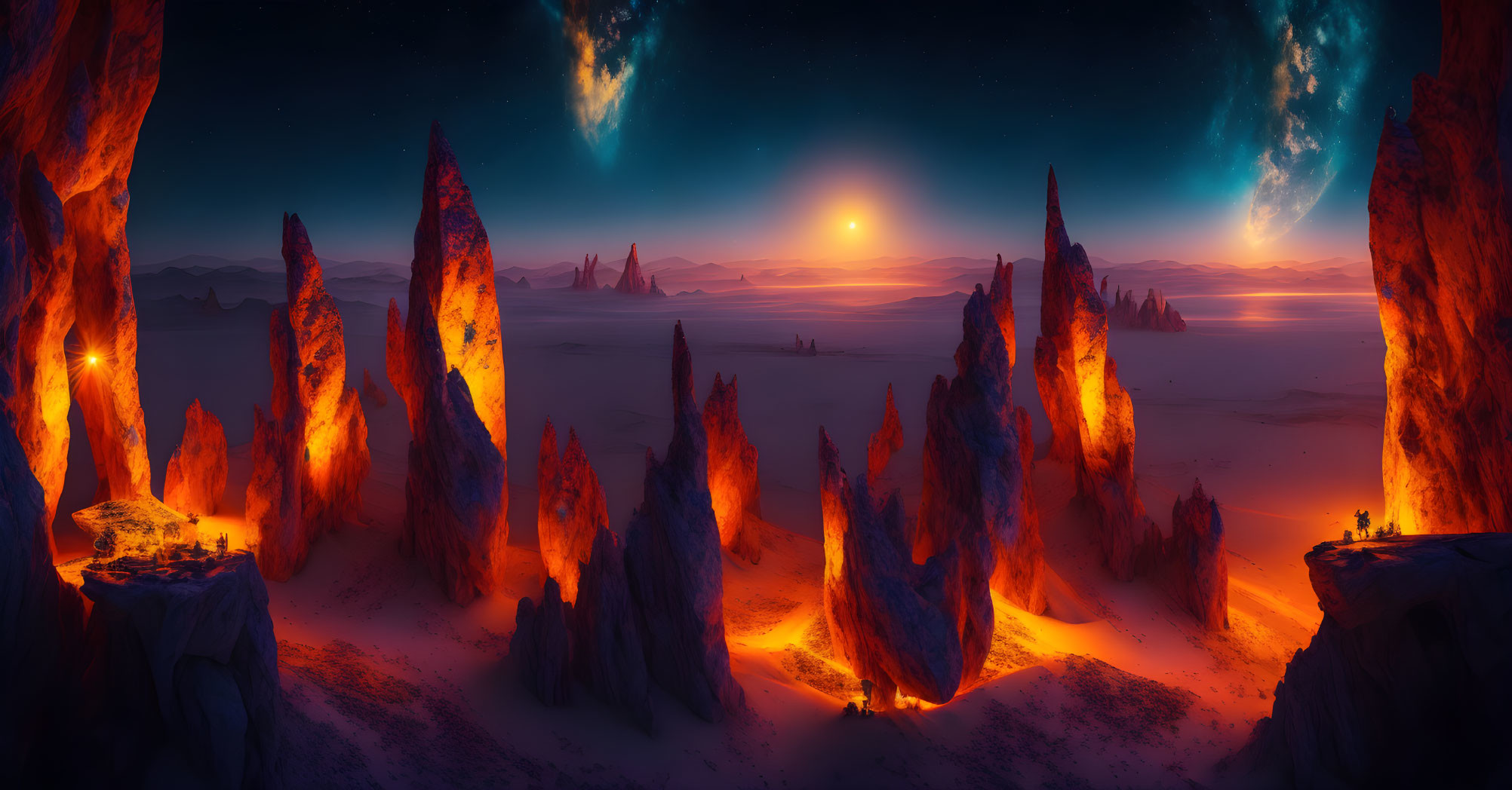 Fantastical desert landscape at sunset with glowing rock formations