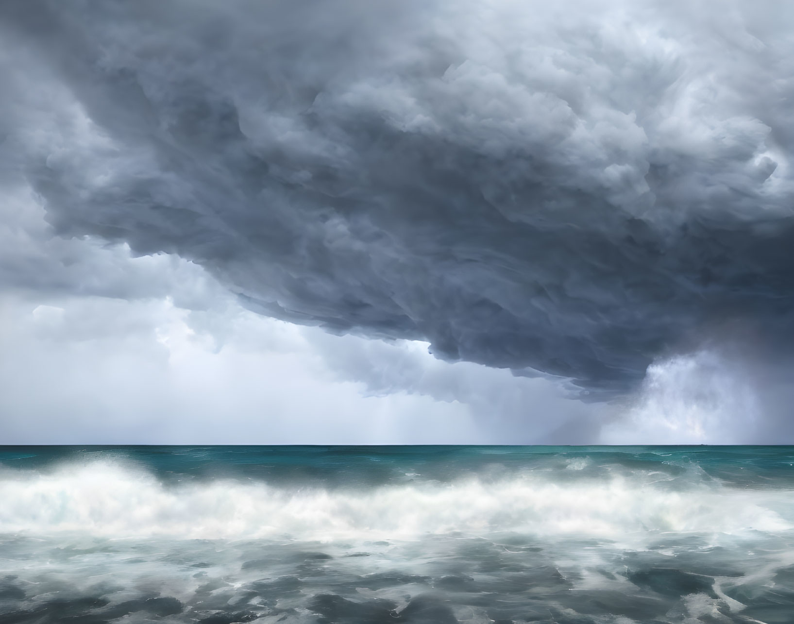 Stormy seascape with dark clouds, churning waves, and lightning flashes