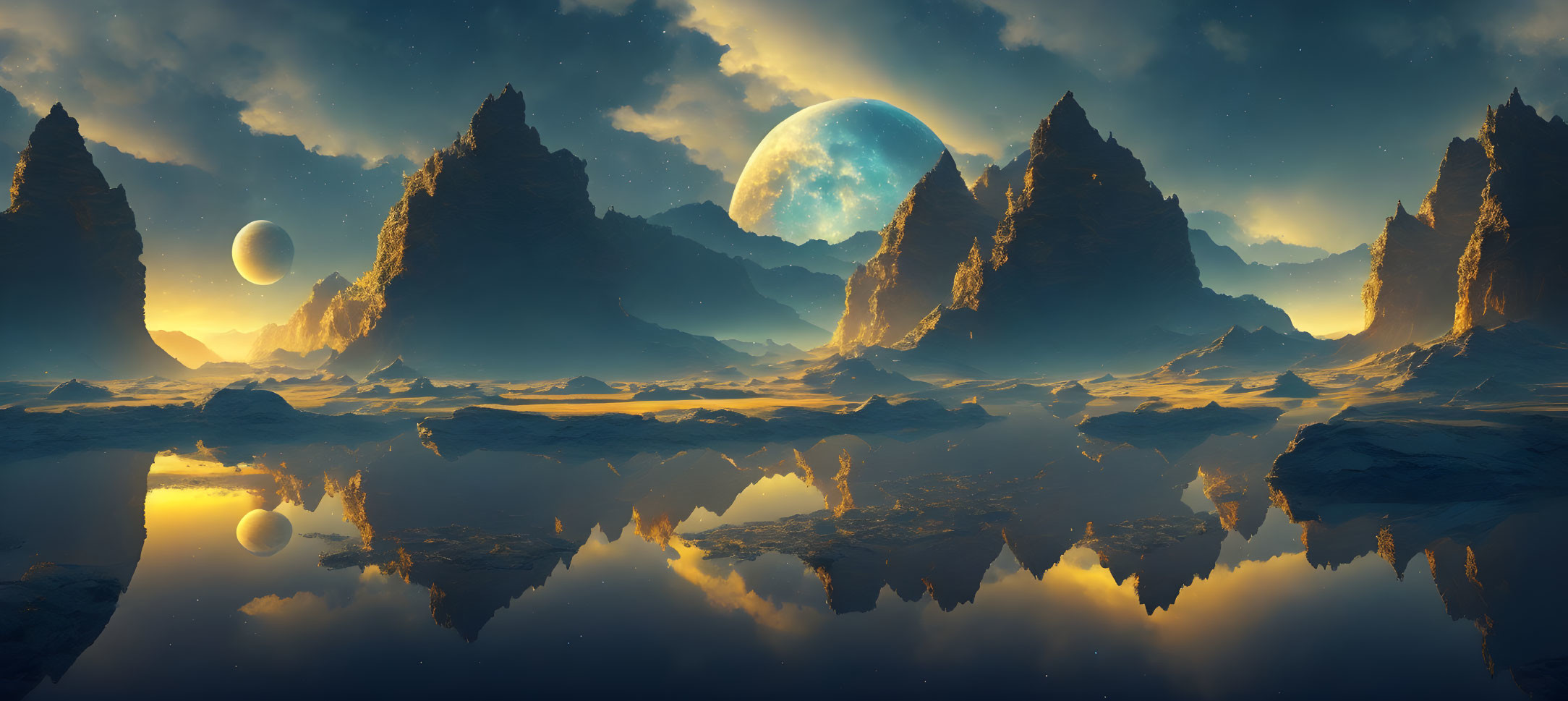 Sci-fi landscape with towering rocks, dual moons, and reflective water