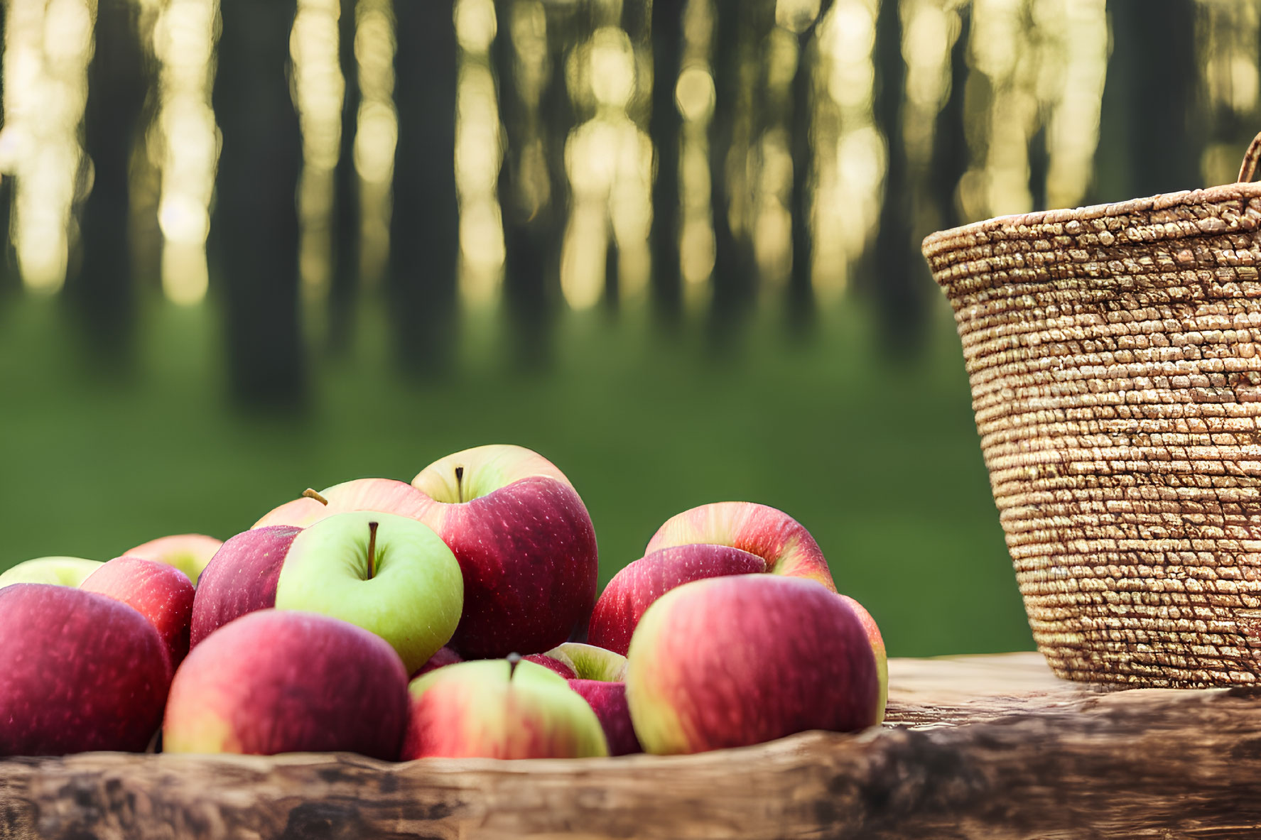 Pile of Red and Green Apples on Wooden Table with Wicker Basket