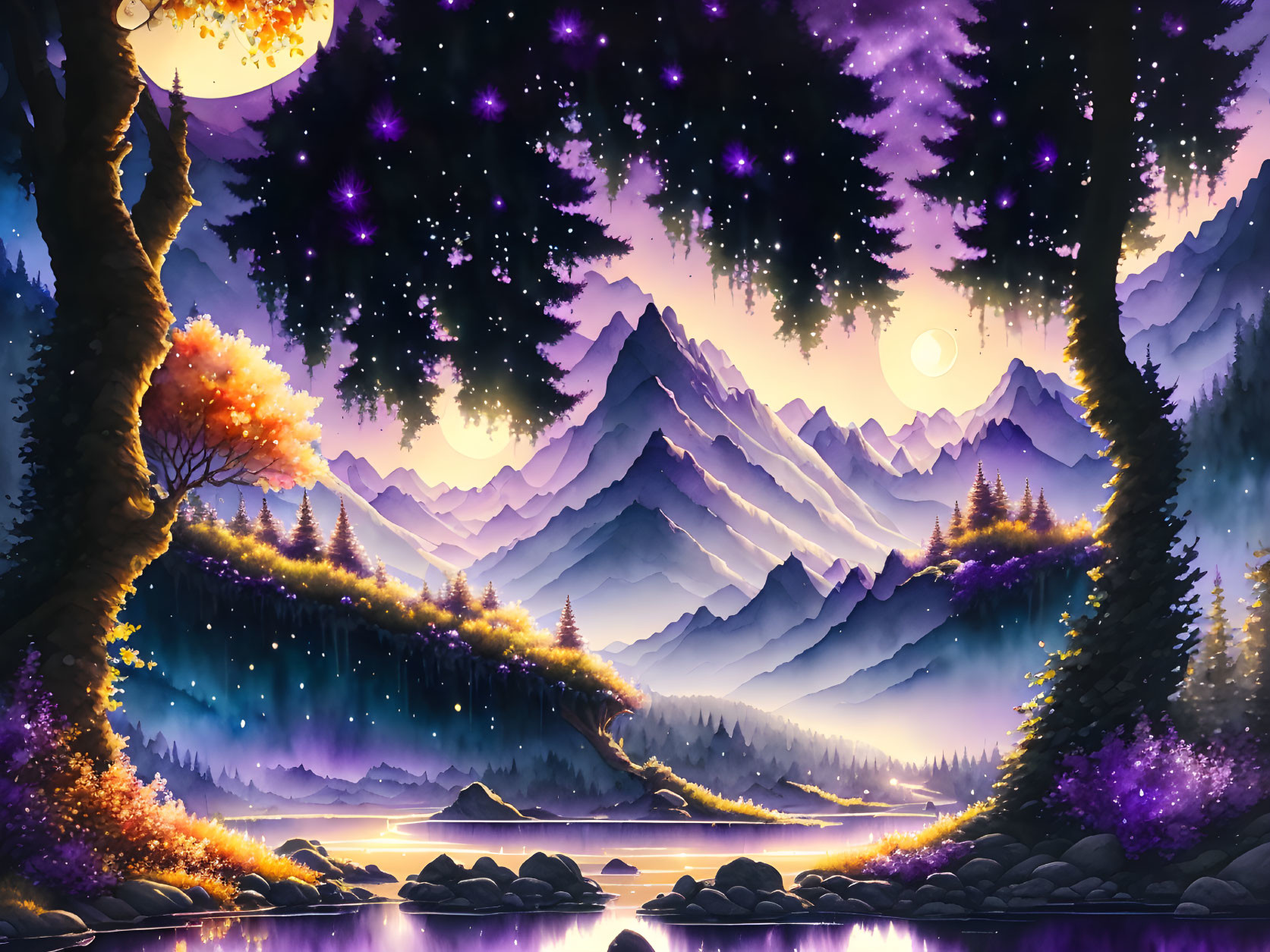 Starry sky over mystical mountain landscape with glowing trees