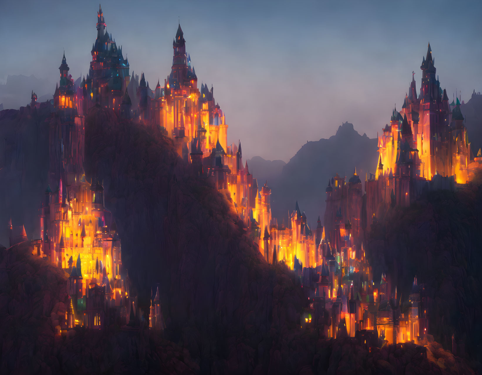 Panoramic fantasy landscape: illuminated castles on rocky peaks