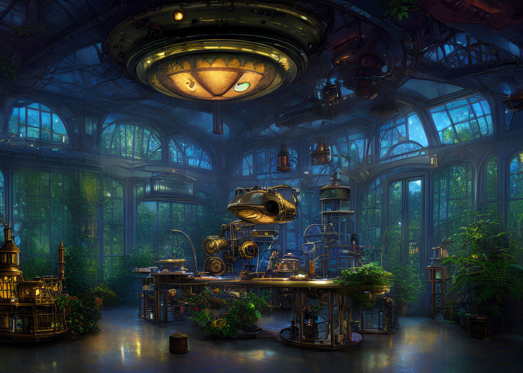 Steampunk laboratory with brass machinery and lush greenery in glass dome.