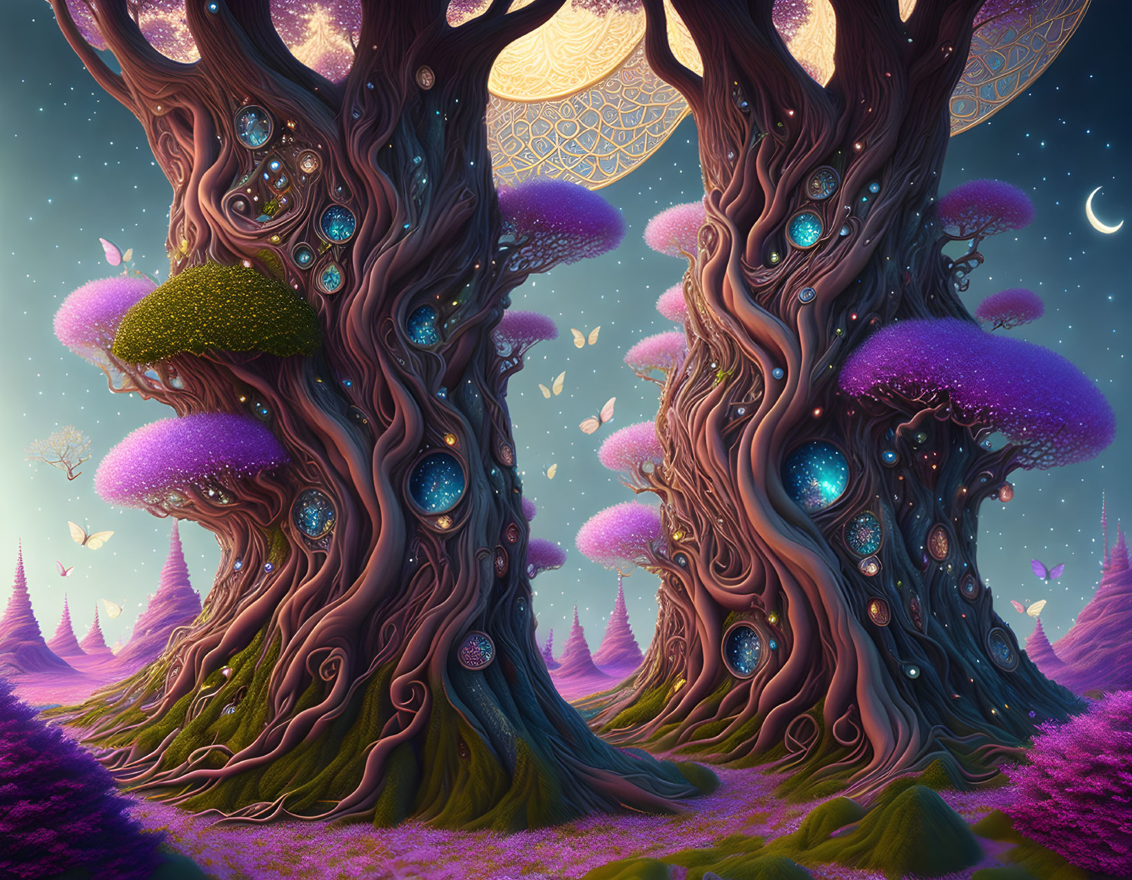 Vibrant twisted trees with glowing blue orbs in a twilight sky