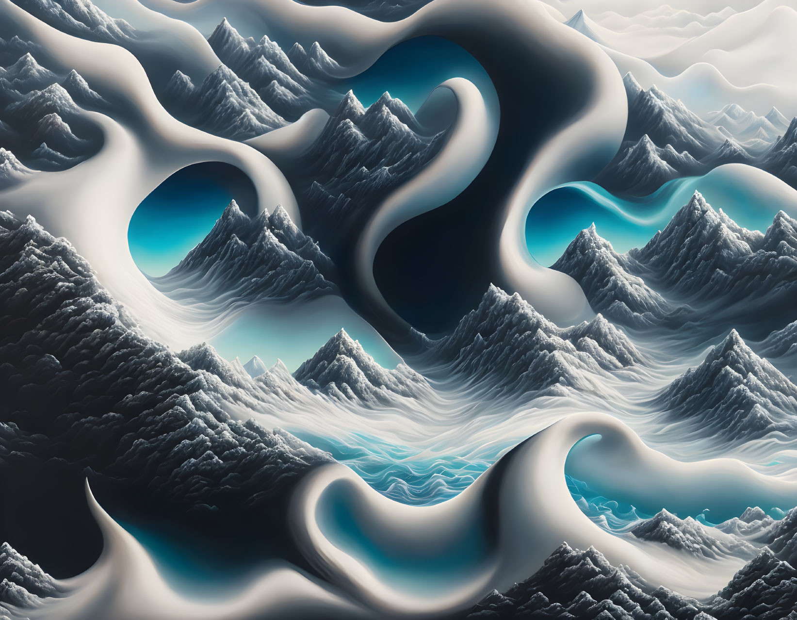 Surreal Snowy Mountain Peaks Merge with River-Like Patterns