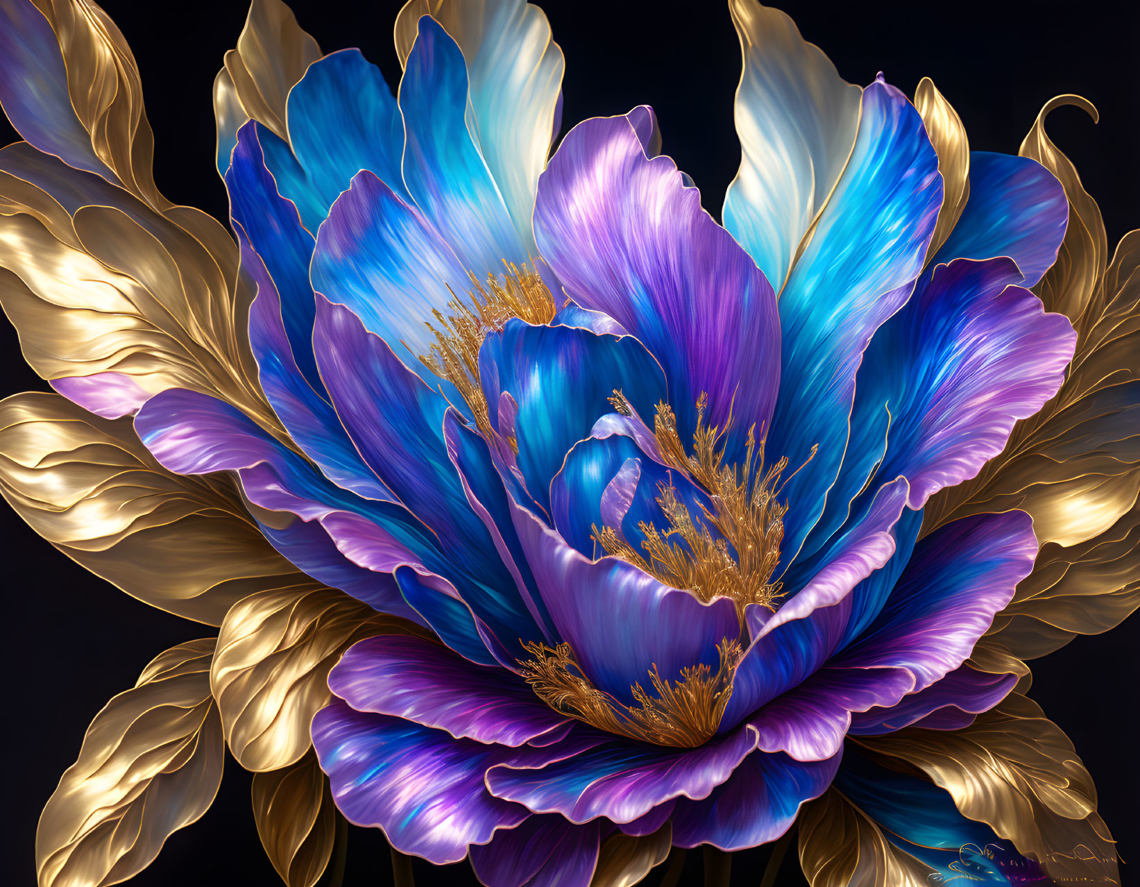 Stylized digital artwork: Vibrant blue flower with gold edges