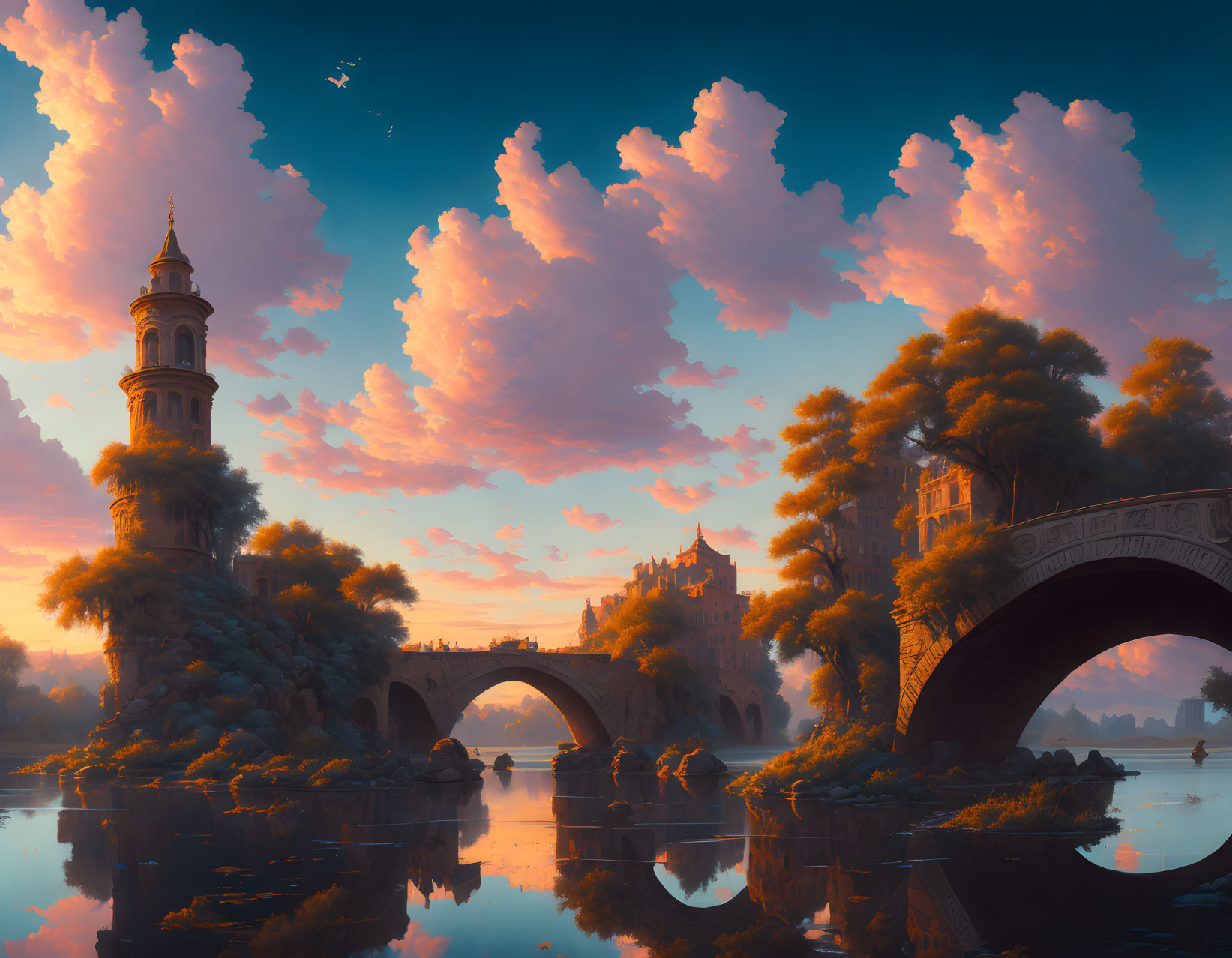 Tranquil fantasy landscape with arched bridge, tower, and castle under dreamy sky