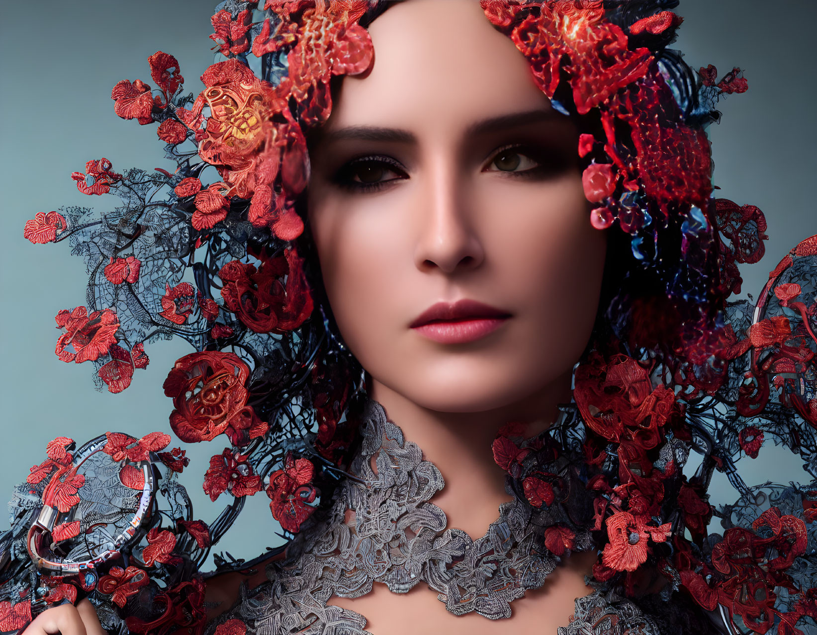 Serene woman in floral headpiece and lace collar on blue background