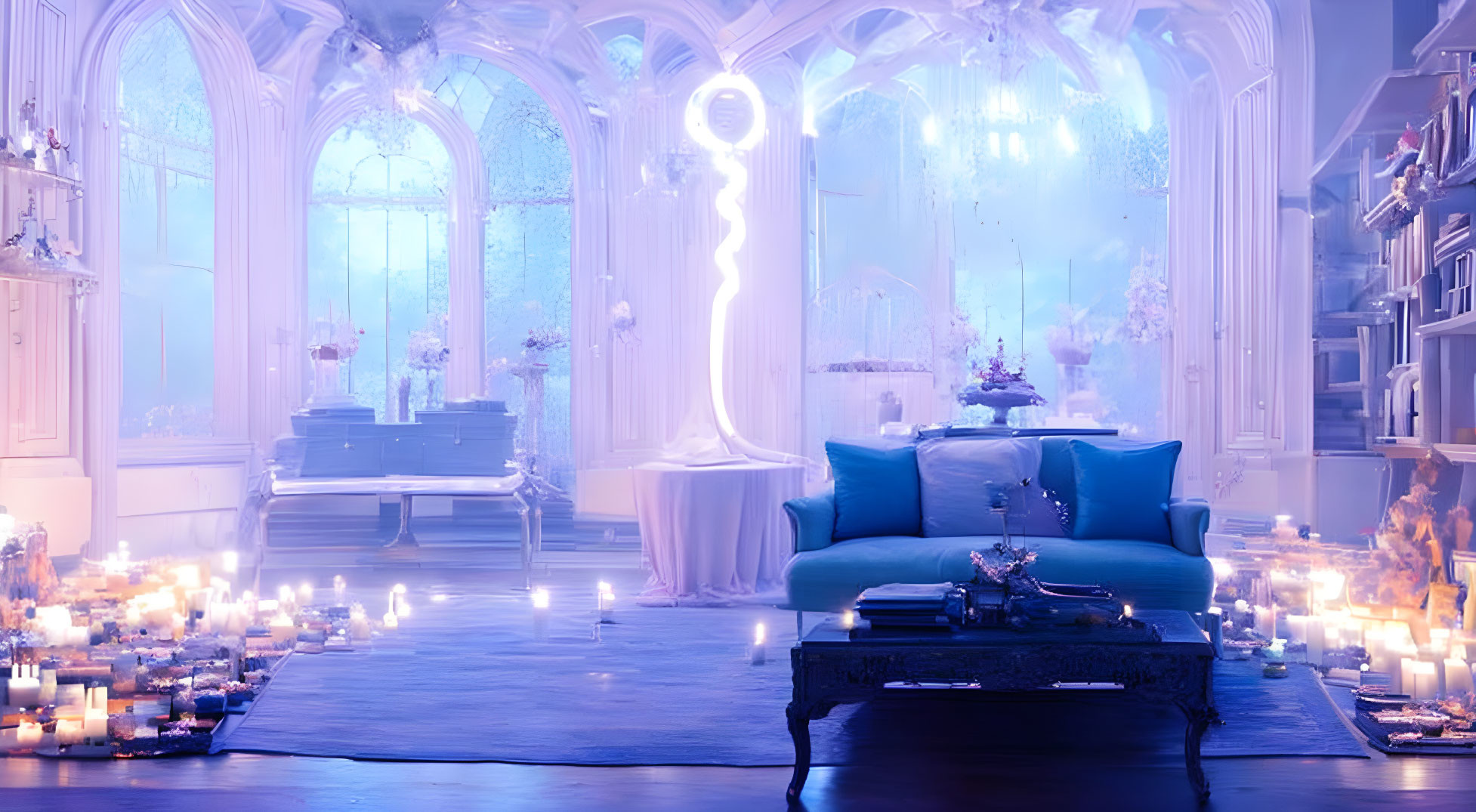 Mystical blue sofa, candles, crystals, neon symbol in grand hall