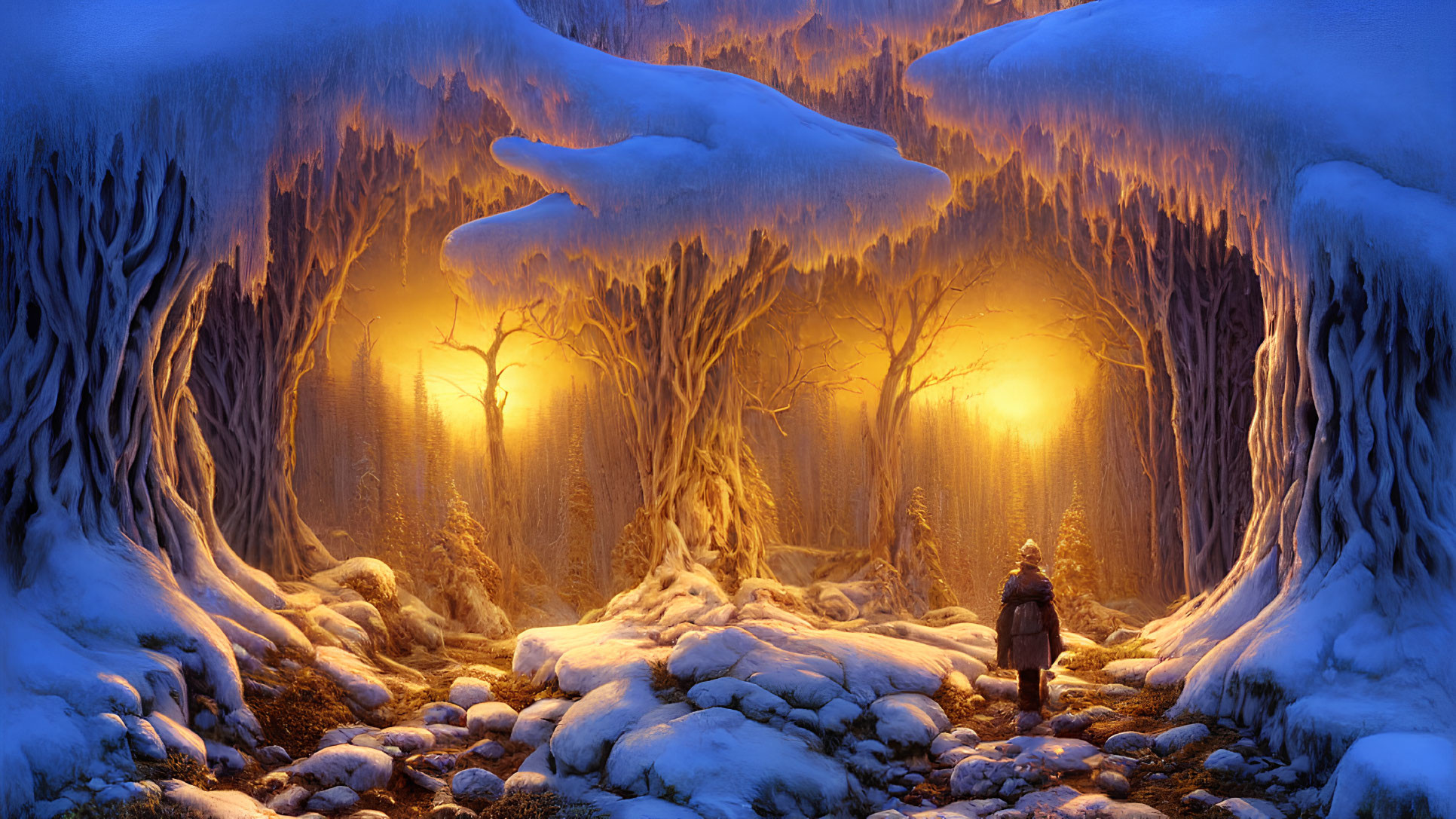 Snow-covered mystical forest with glowing lights and twilight sky