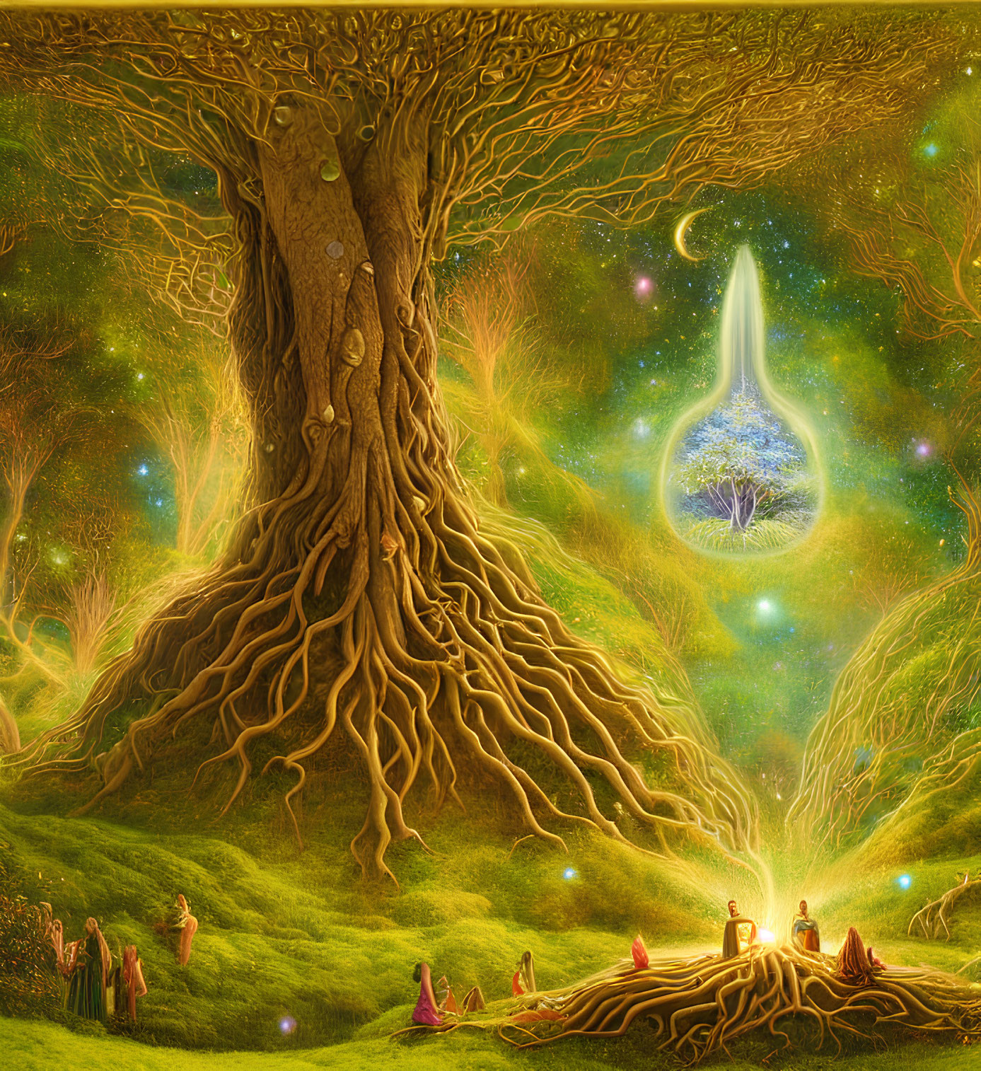 Enchanting forest scene with central tree, people in robes, floating droplet, and starry