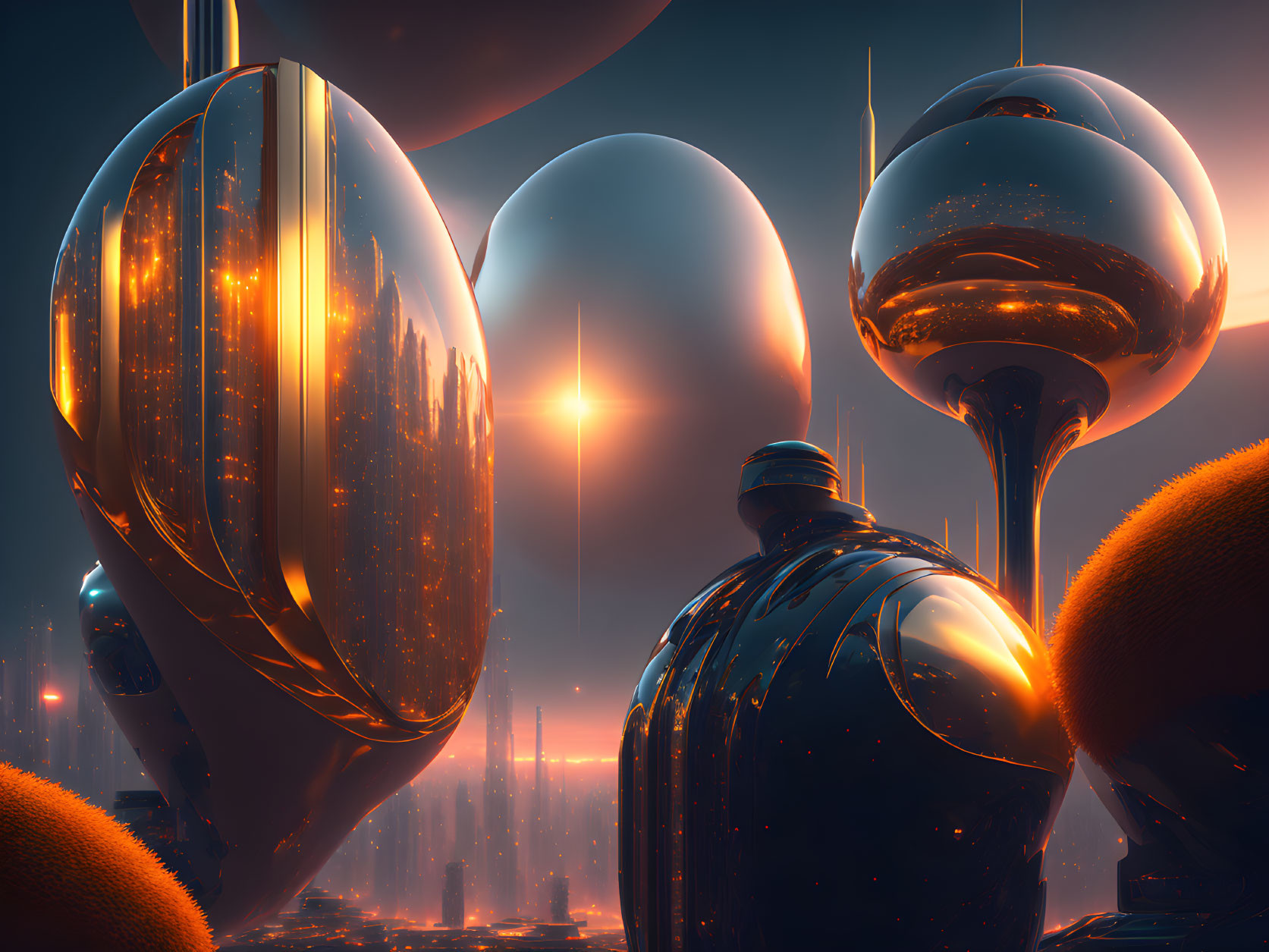 Sleek, glowing futuristic cityscape under orange and blue sky