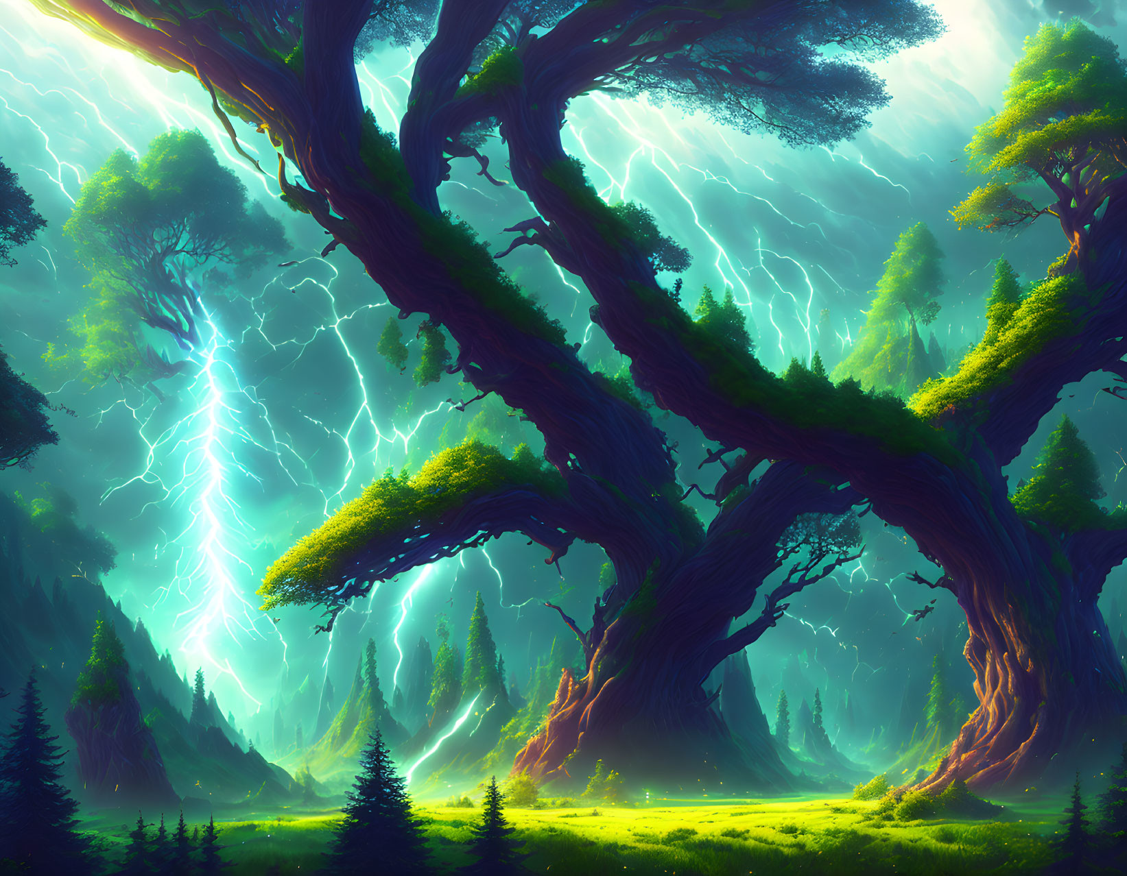 Misty glade in ethereal forest with towering trees and lightning