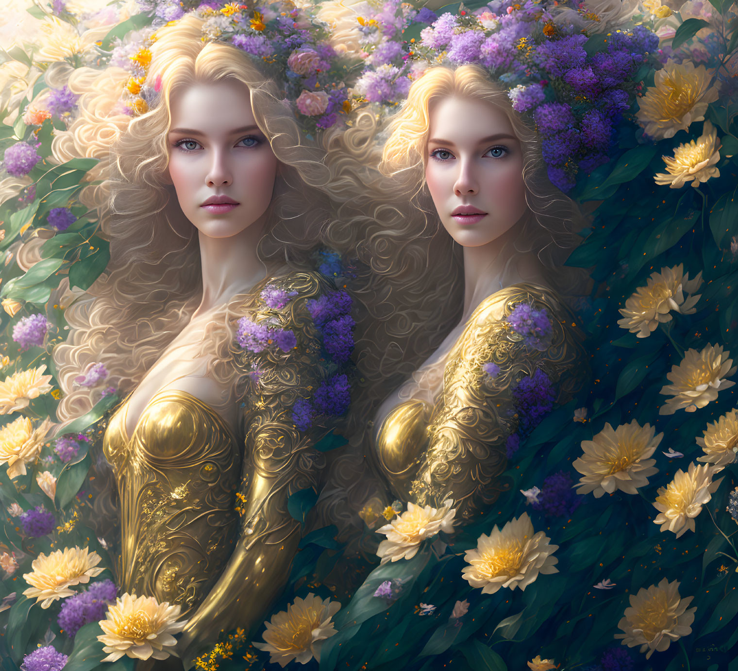 Ethereal women with golden locks in ornate clothing among lush flowers