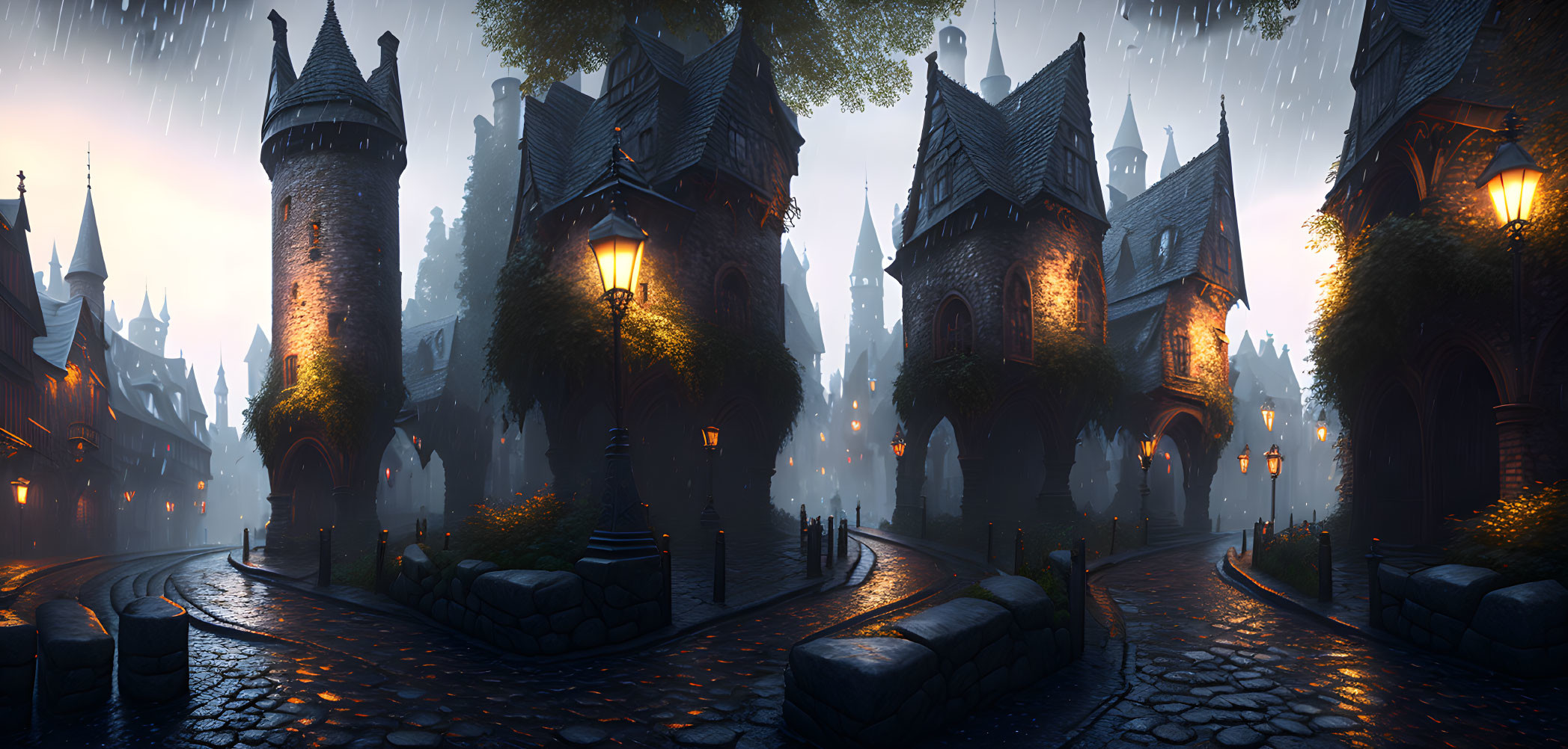 Medieval-style cobblestone street with glowing lanterns and stone buildings at dusk